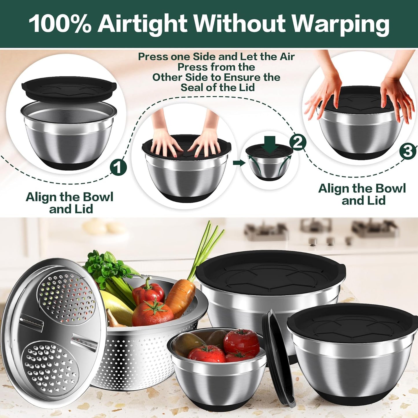 Mixing Bowls with Airtight Lids, Stainless Steel Mixing Bowl Set with 3 Metal Nesting Bowls, Colander & Grater, Non-Slip Bottoms, Size 1.5, 2.5, 5 QT, Great for Mixing & Serving, Black