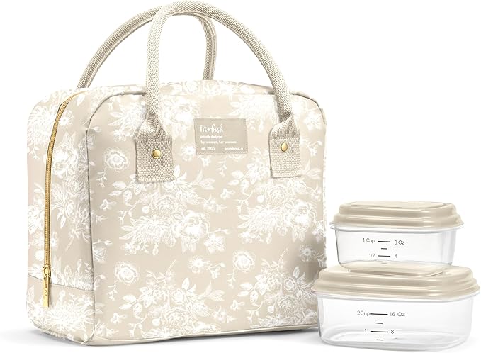 Fit & Fresh Bloomington Lunch Bag for Women - Insulated Large Lunch Box for Work with Containers, Leak-Resistant, Stain-Resistant, Zipper Closure, Tan Toile