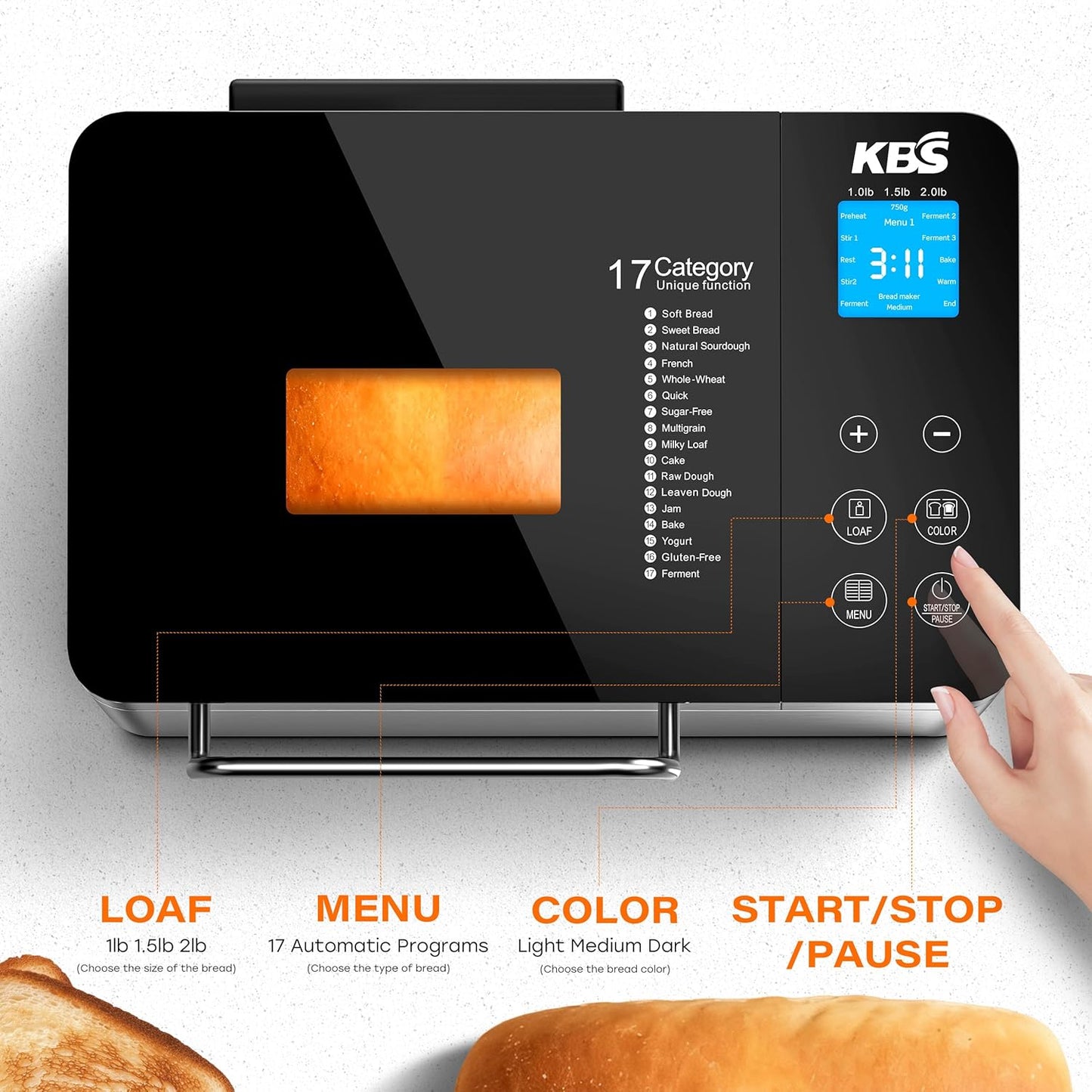 KBS Pro 710W Bread Maker, 2LB 17-in-1 Automatic Bread Machine with Healthy Ceramic Pan, Nut Dispenser, Tempered Glass Touch Panel, Stainless Steel Housing,3 Crust Colors, 15H Timer&Keep-Warm, Recipe