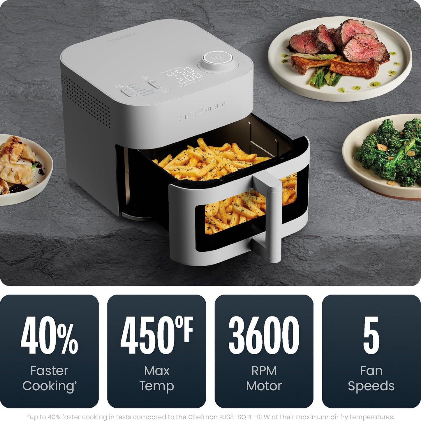 Chefman Crispinator Air Fryer 6-in-1 with 8 Qt capacity, 450°F Max Temp with TurboFry Pro Technology for Fast and Even Results, Viewing Window, Nonstick Ceramic Basket