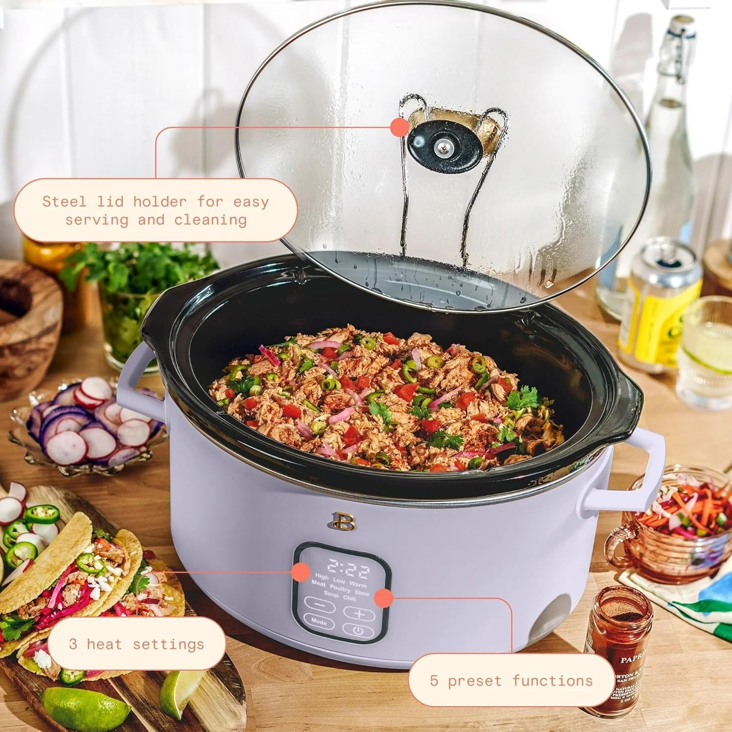 Beautiful 6 Qt Programmable Slow Cooker by Drew Barrymore - 5 Preset Cooking Functions, Digital Countdown Timer, Dishwasher-Safe Parts, and Cool-Touch Handles (Lavender.)