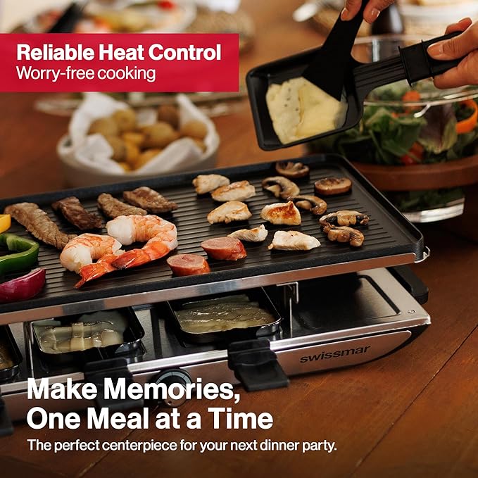 Swissmar Geneva Raclette Grill with Reversible Cast Aluminum Grill Top - Perfect for outdoor & Indoor Electric Raclette Grill & Griller - Barbeque Bonding - 8-Person