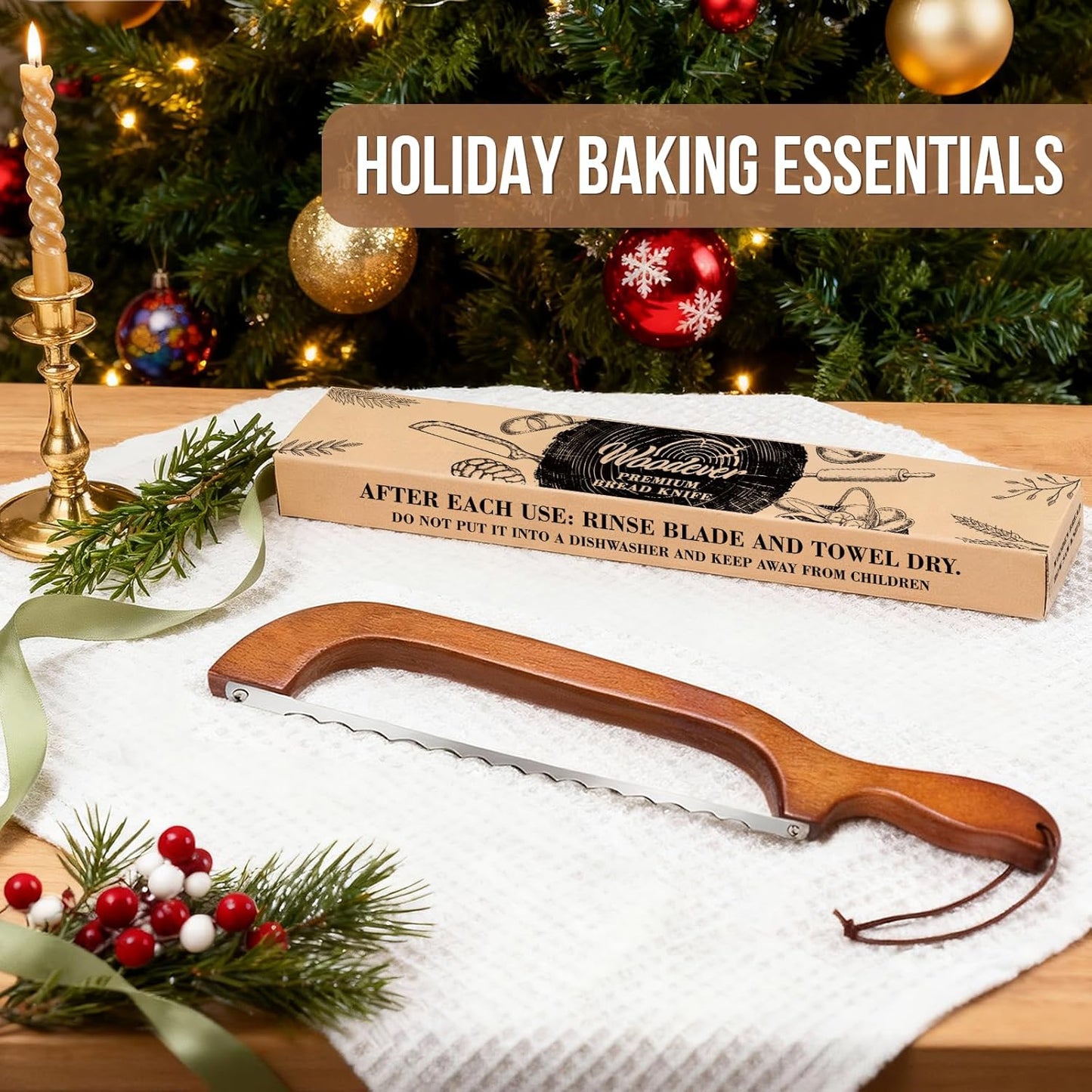 Woodever Sourdough Bread Knife for Both Right and Left Handed Use, 16" Bread Slicer for Homemade Bread, Premium Stainless Steel Serrated Saw Bread Cutter for Bagels, Baguettes (BROWN)