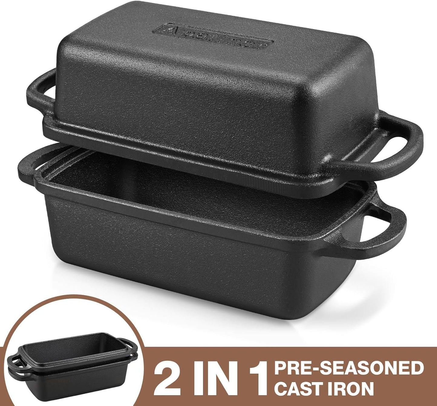 2 in 1 Cast Iron Bread Pan with Lid, Durable Loaf Pans for Baking Homemade Sourdough and Meatloaf, Bread Oven Cast Iron Cookware, Bread Loaf Pan, Sourdough Baking Pan