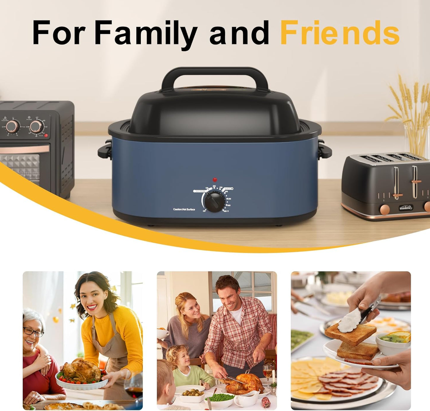 Sunvivi Roaster Oven, Electric Roaster Oven with Viewing Lid, 28lb 24-Quart Turkey Roaster with Unique Defrost/Warm Function, Large Roaster with Removable Pan & Rack, Stainless Steel, Blue