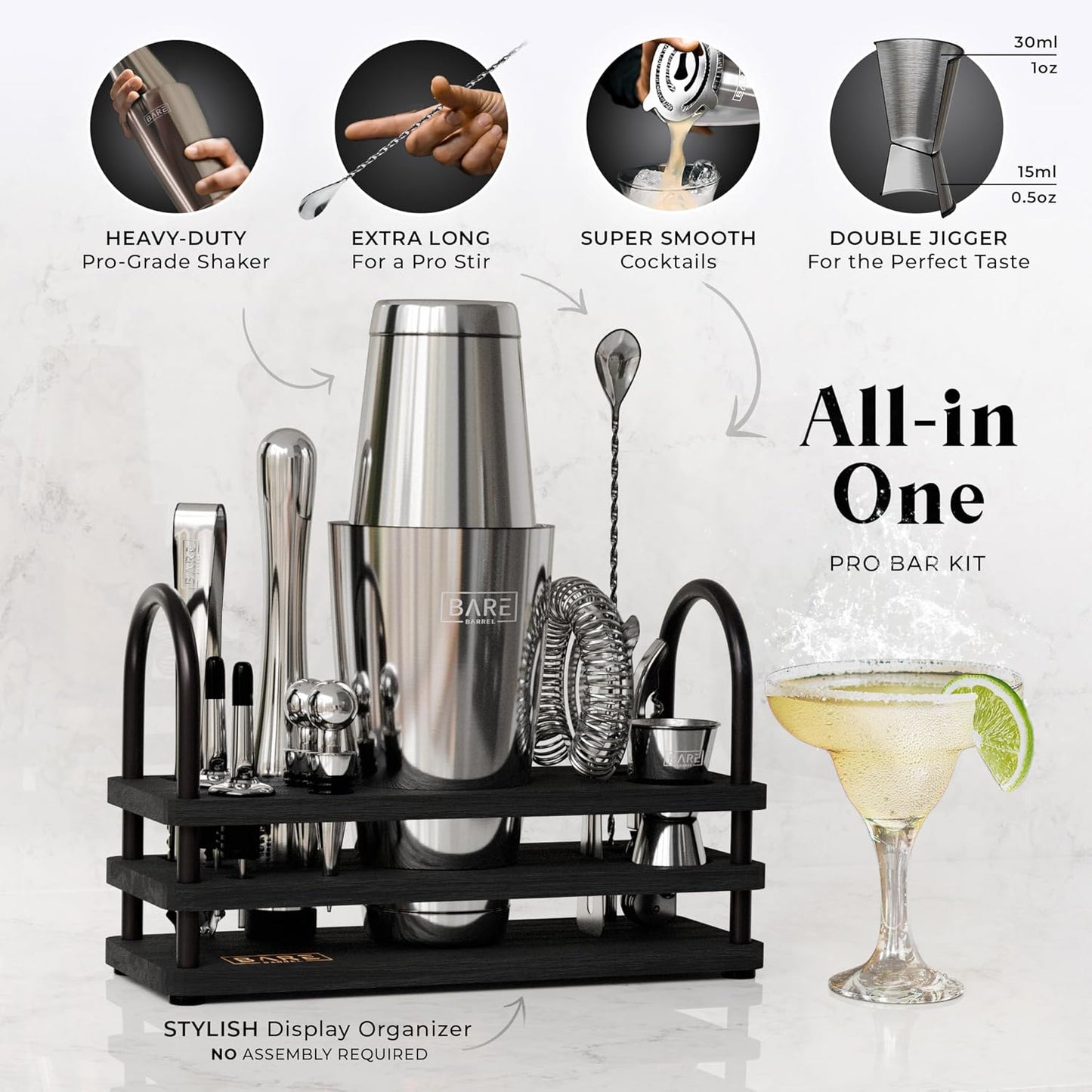 BARE BARREL® Mixology Bartender Kit Bar Set | 14-Piece Cocktail Shaker Set | Martini Barware Mixing Tools for Home Bartending | 35 Recipe Cards | Gift Set (28oz Boston Shaker, Silver/Black)