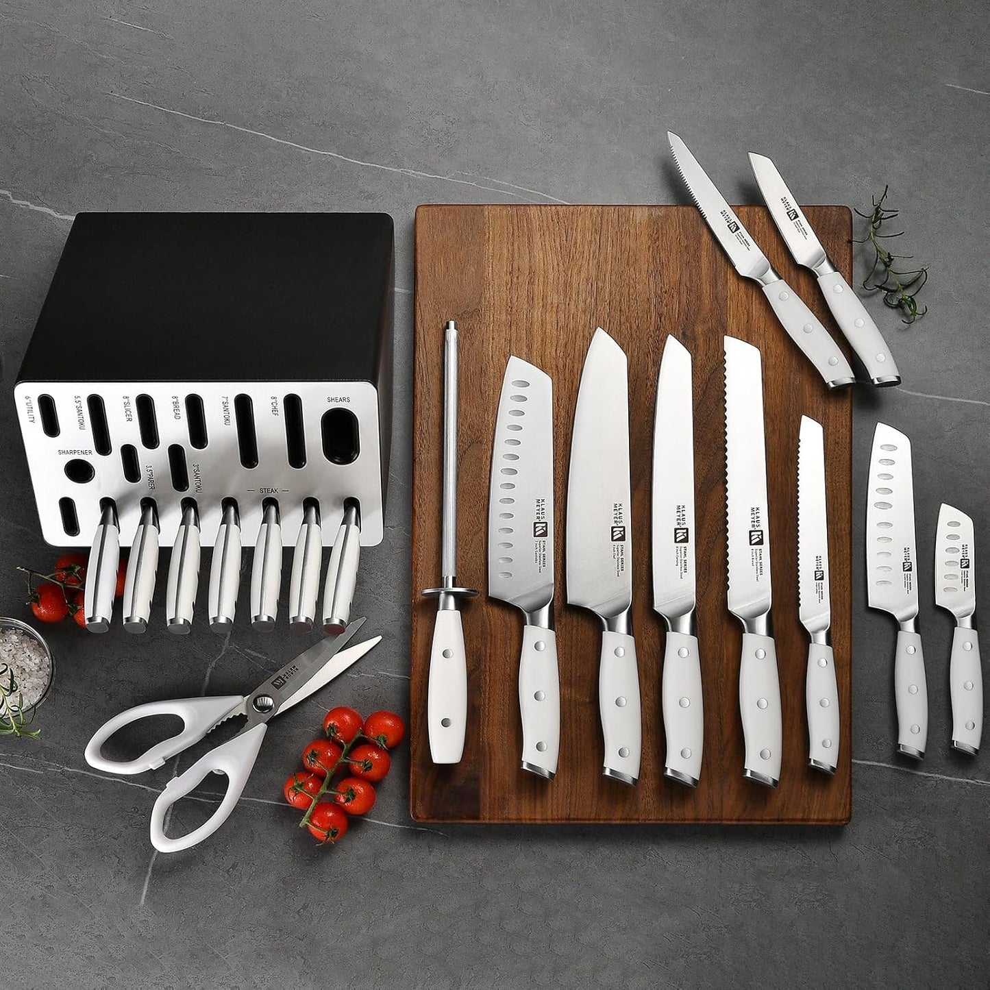 Klaus Meyer Stahl 19 Piece High Carbon Exclusive German Steel Knife Block Set (White)