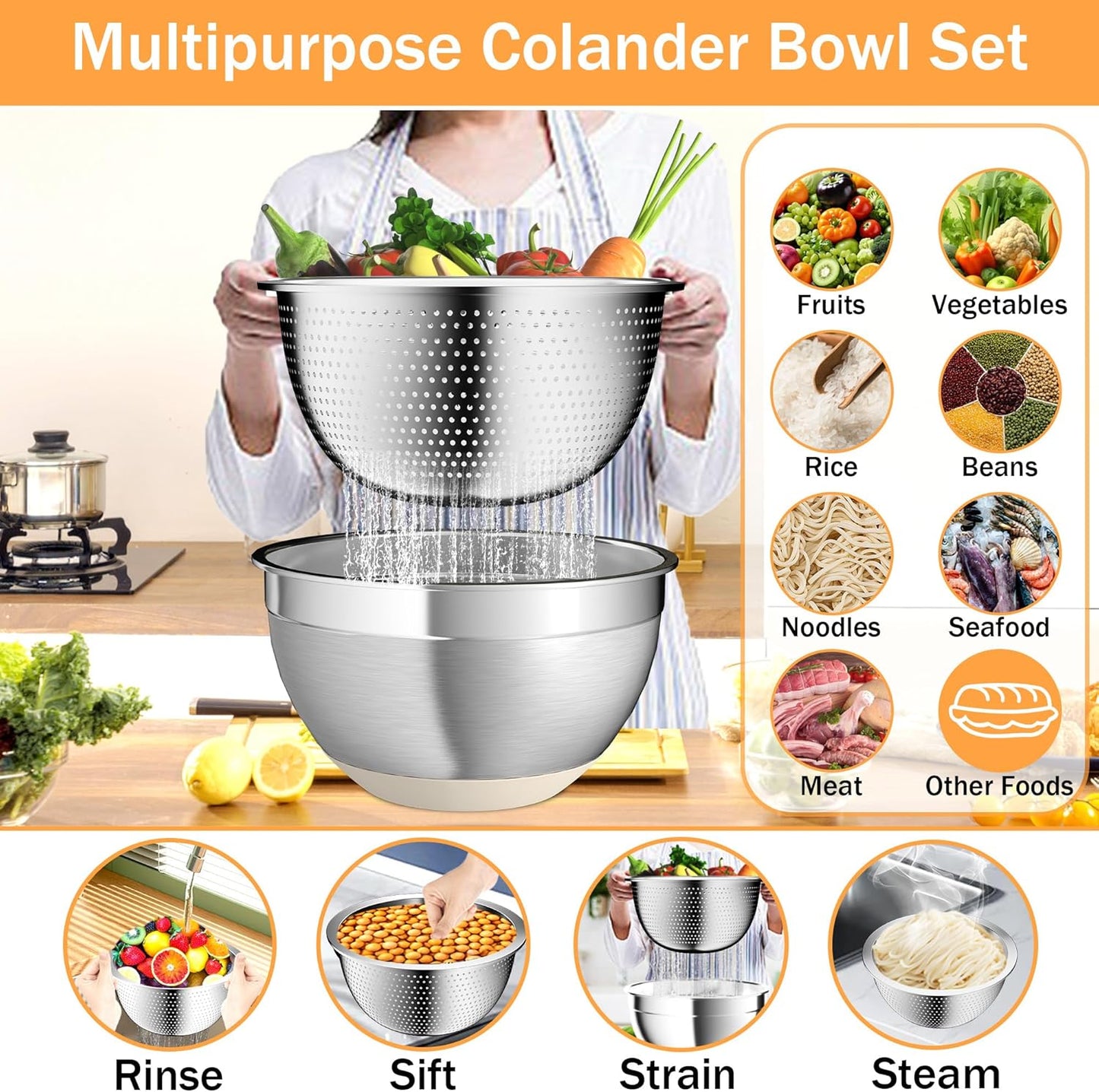 Mixing Bowls with Airtight Lids, Stainless Steel Mixing Bowl Set with 3 Metal Nesting Bowls, Colander & Grater, Non-Slip Bottoms, Size 1.5, 2.5, 5 QT, Great for Mixing & Serving, Khaki