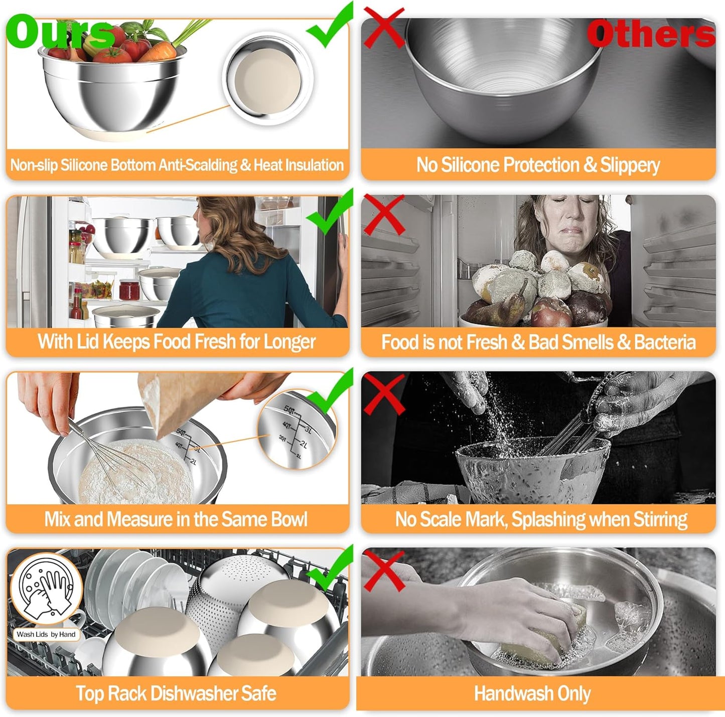 Mixing Bowls with Airtight Lids, Stainless Steel Mixing Bowl Set with 3 Metal Nesting Bowls, Colander & Grater, Non-Slip Bottoms, Size 1.5, 2.5, 5 QT, Great for Mixing & Serving, Khaki