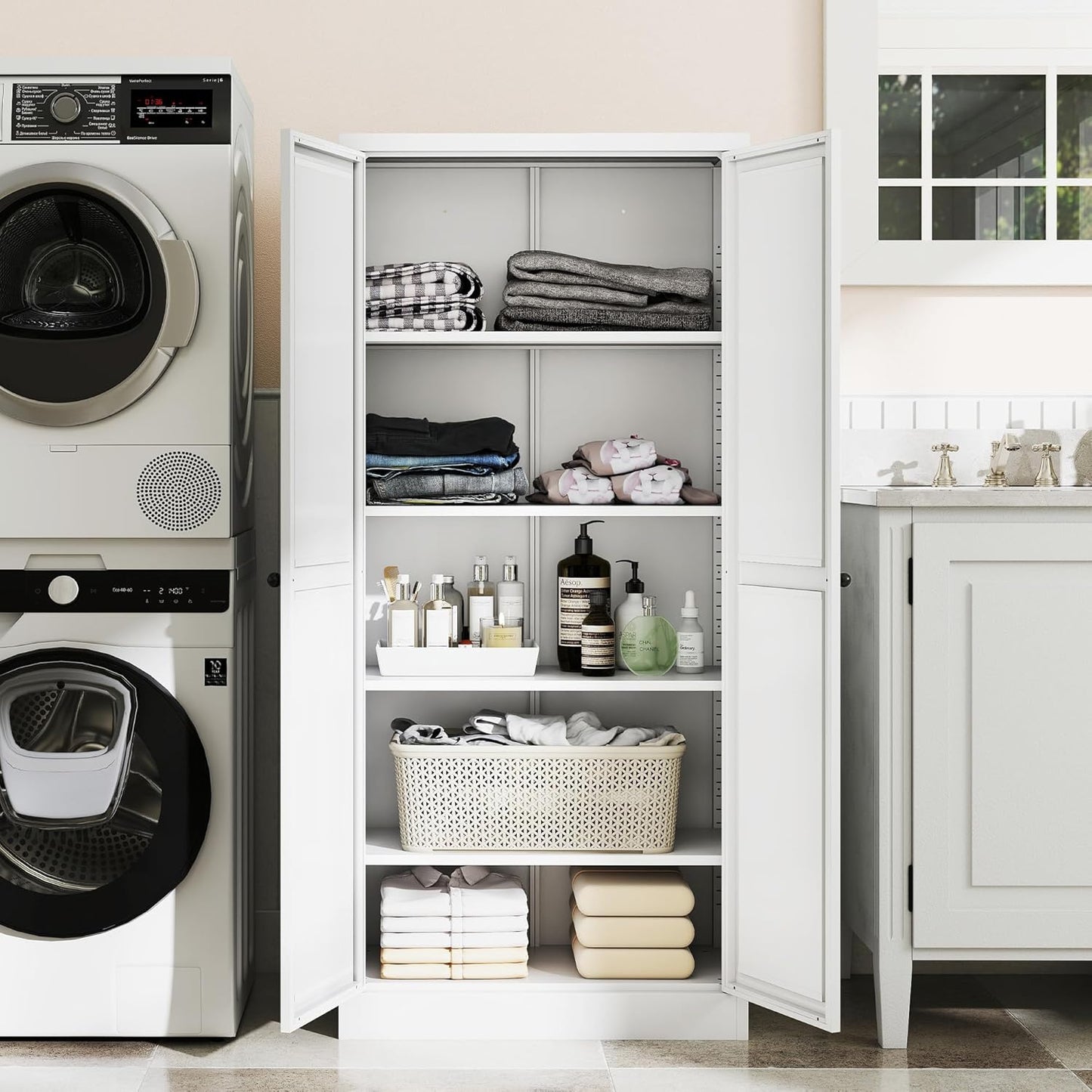 AQY Kitchen Pantry Cabinet,61" White Pantry Storage Cabinet with 4 Tier Adjustable Shelves and 2 Doors,Freestanding Cupboard,Metal Pantry Cabinets with Handle for Living Room Kitchen Assembly Required