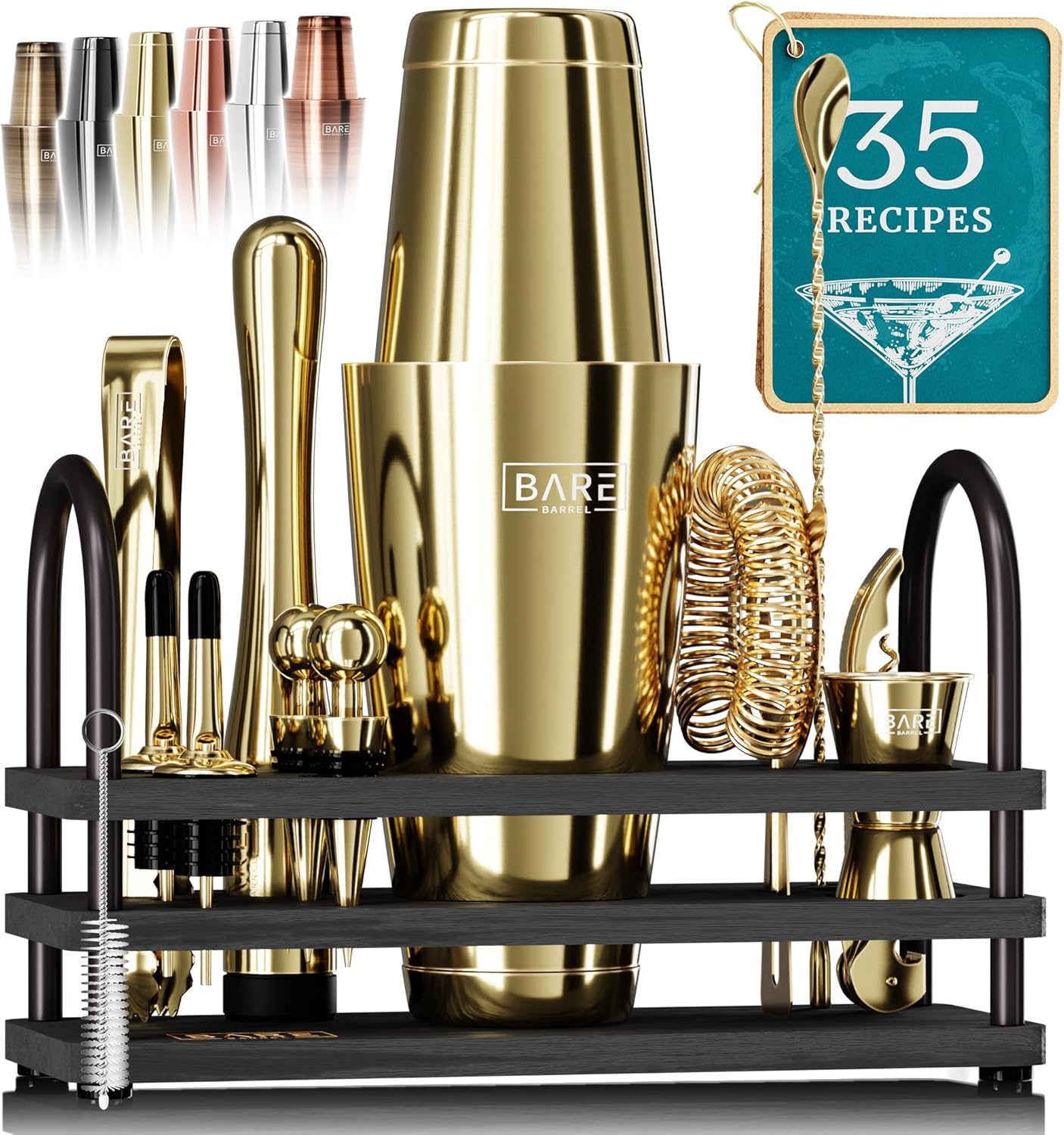 BARE BARREL® Mixology Bartender Kit Bar Set | 14-Piece Cocktail Shaker Set | Martini Barware Mixing Tools for Home Bartending | 35 Recipe Cards | Gift Set (28oz Boston Shaker, Gold/Black)
