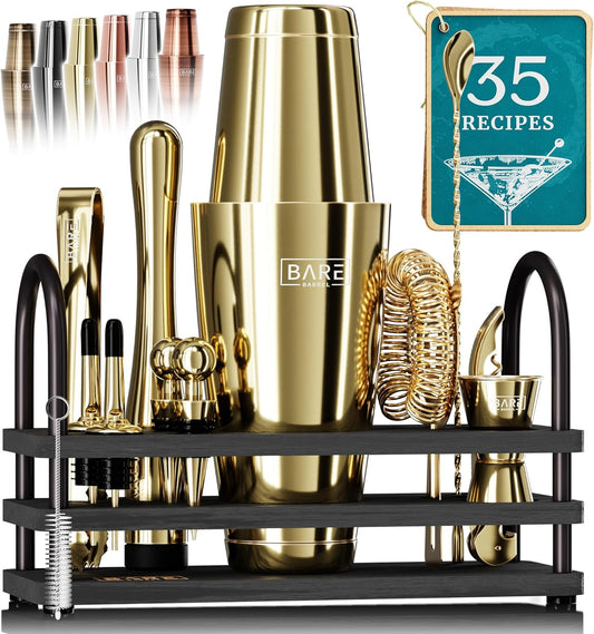 BARE BARREL® Mixology Bartender Kit Bar Set | 14-Piece Cocktail Shaker Set | Martini Barware Mixing Tools for Home Bartending | 35 Recipe Cards | Gift Set (28oz Boston Shaker, Gold/Black)