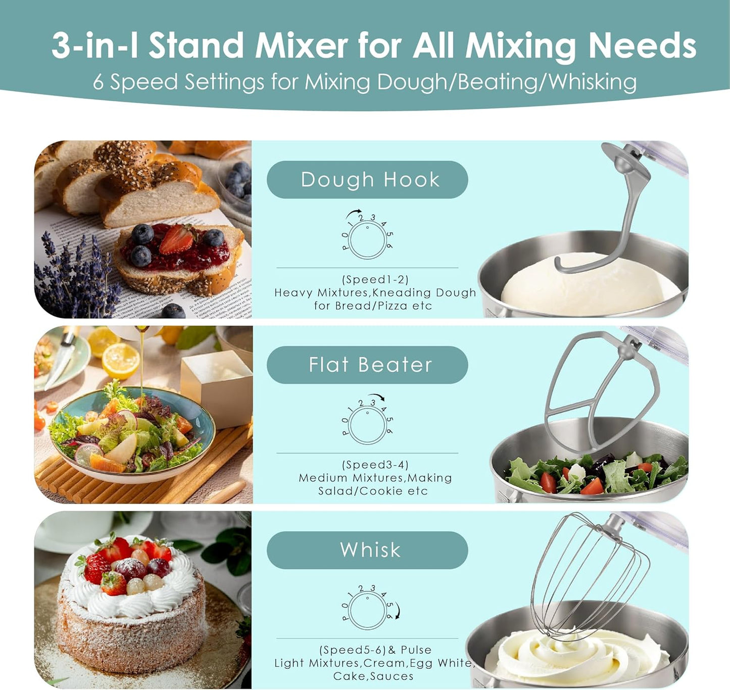 Kitchen in the box Stand Mixer - 6.5 Quart Mixing Bowl with Handle, 900 Watt Powerful Heavy Bread Dough Standing Mixers Tilt-head with Dough Hook, Whisk, Flat Beater and Splash Guard (Blue)