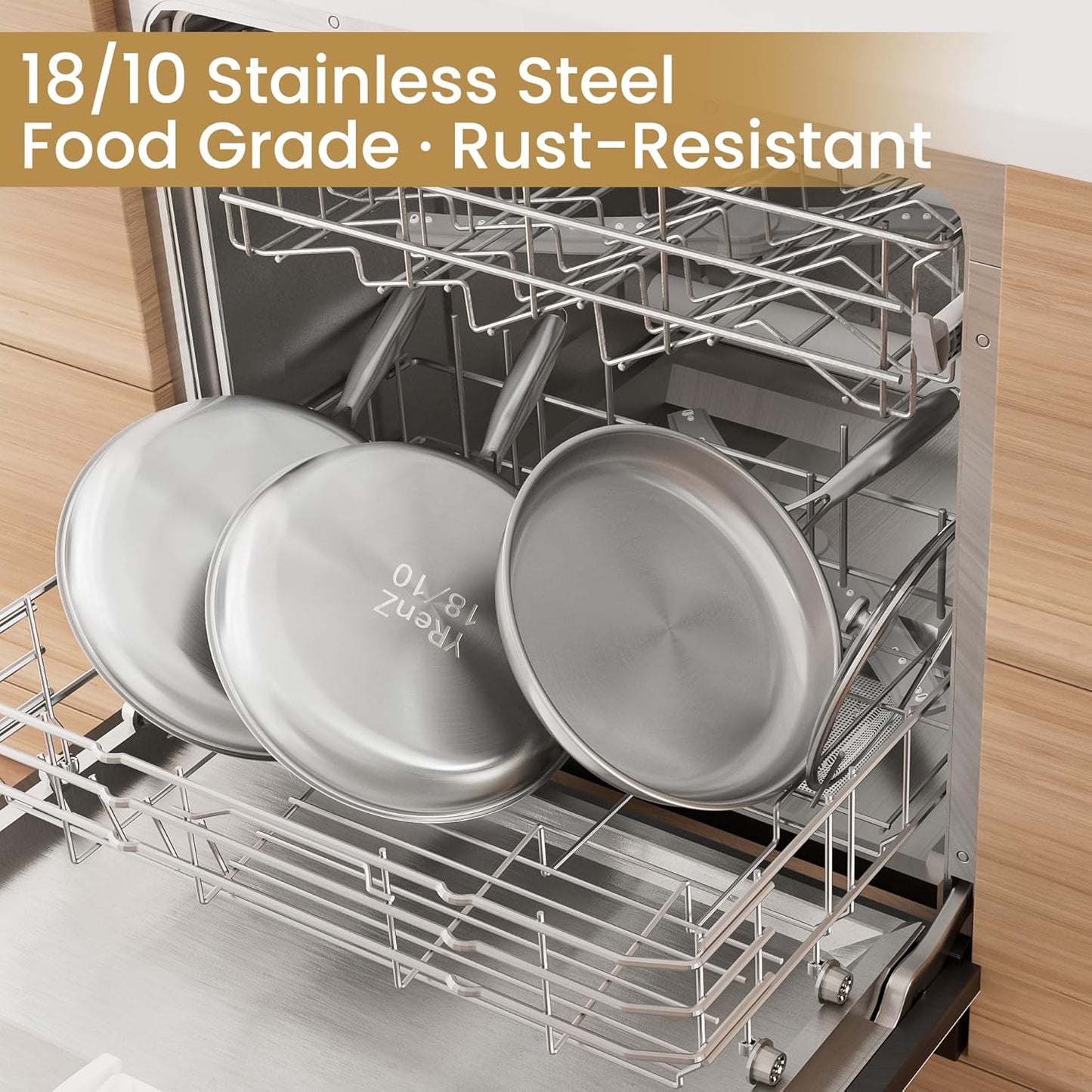 Stainless Steel Pan,10inch Stainless Steel Frying Pan with Lid, Tri-Ply 18/10 Chef’s Pan for Induction Cooktops, Oven & Dishwasher Safe Cookware with Stay-Cool Handle