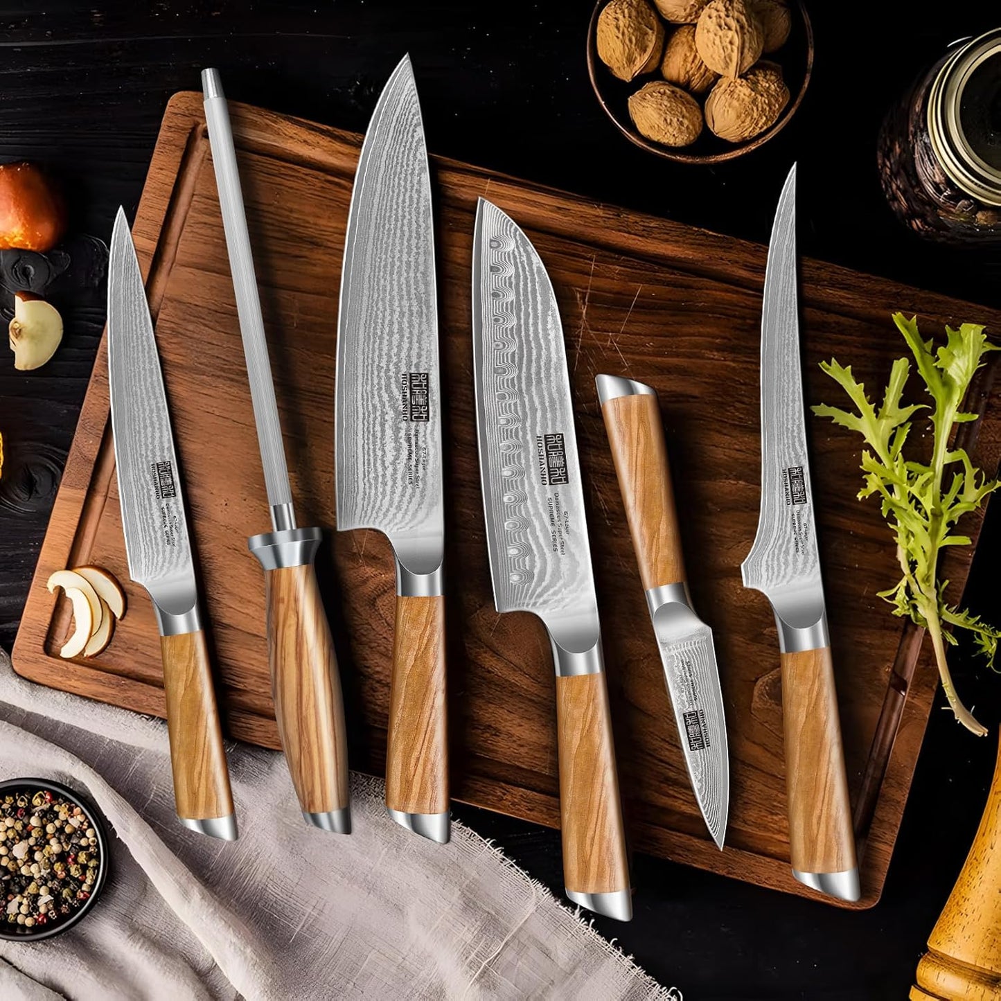 HOSHANHO Knife Set with Block 7-Piece, Professional 67-layer Damascus Super Steel Kitchen Knife Sets for Cooking, Ultra Sharp Knife Set with Sharpener