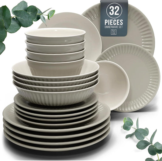 Stoneware Dinnerware Set for 8 People HYGGE 32-Piece - Elegant Scandi Design - Premium Dish Set - Bowl and Plate Set - Tableware for 8 People in a Ribbed Design - Pure Living in Light Brown