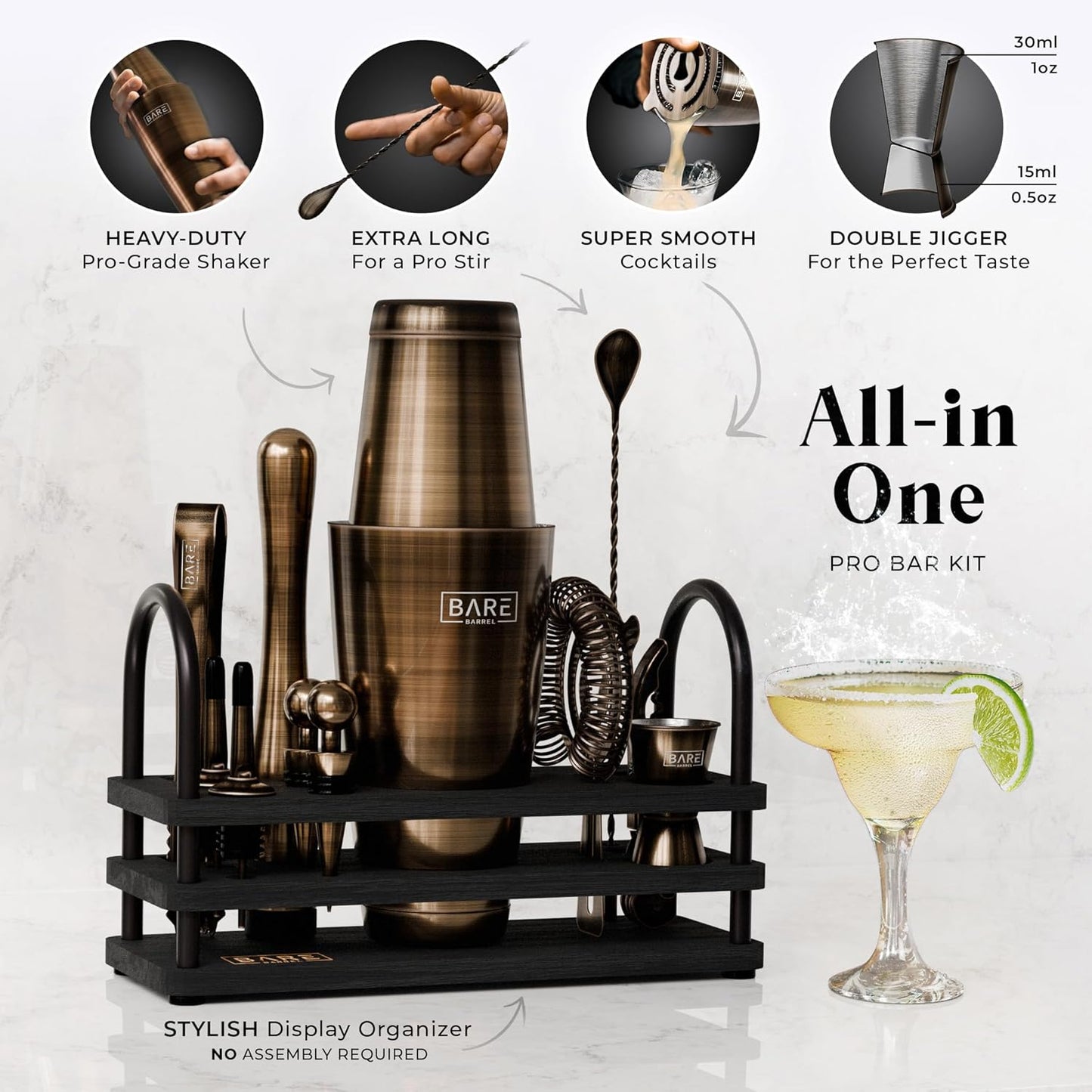 BARE BARREL® Mixology Bartender Kit Bar Set | 14-Piece Cocktail Shaker Set | Martini Barware Mixing Tools for Home Bartending | 35 Recipe Cards | Gift Set (28oz Boston Shaker, Brass/Black)