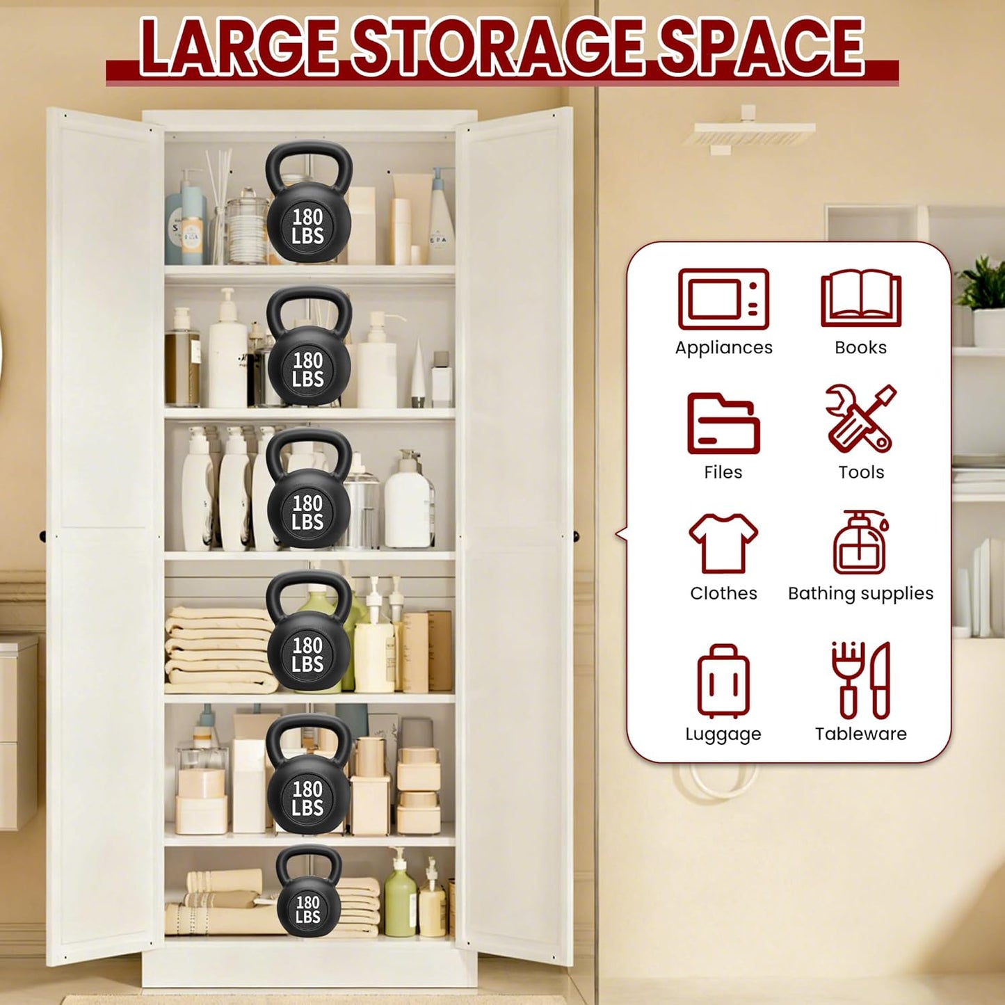 AQY Kitchen Pantry Cabinet,72" White Pantry Storage Cabinet with 5 Tier Adjustable Shelves and 2 Doors,Freestanding Cupboard,Metal Pantry Cabinets with Handle for Living Room Kitchen Assembly Required