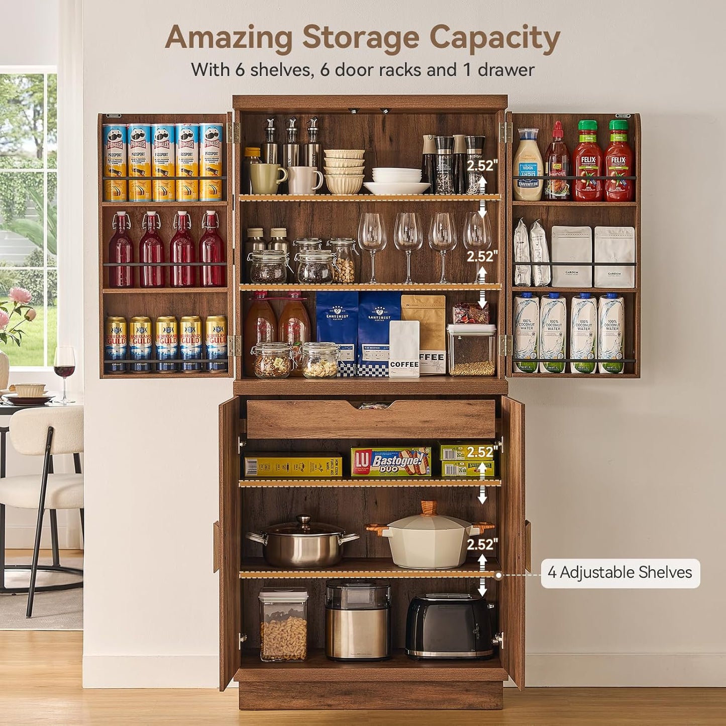 ONBRILL 71" Tall Kitchen Pantry Cabinet, Pantry Storage Cabinet with 6 Door Shelves, Hidden Drawer and Adjustable Shelf, Freestanding Rustic Wood Pantry for Kitchen, Dining Room (Vintage Brown)