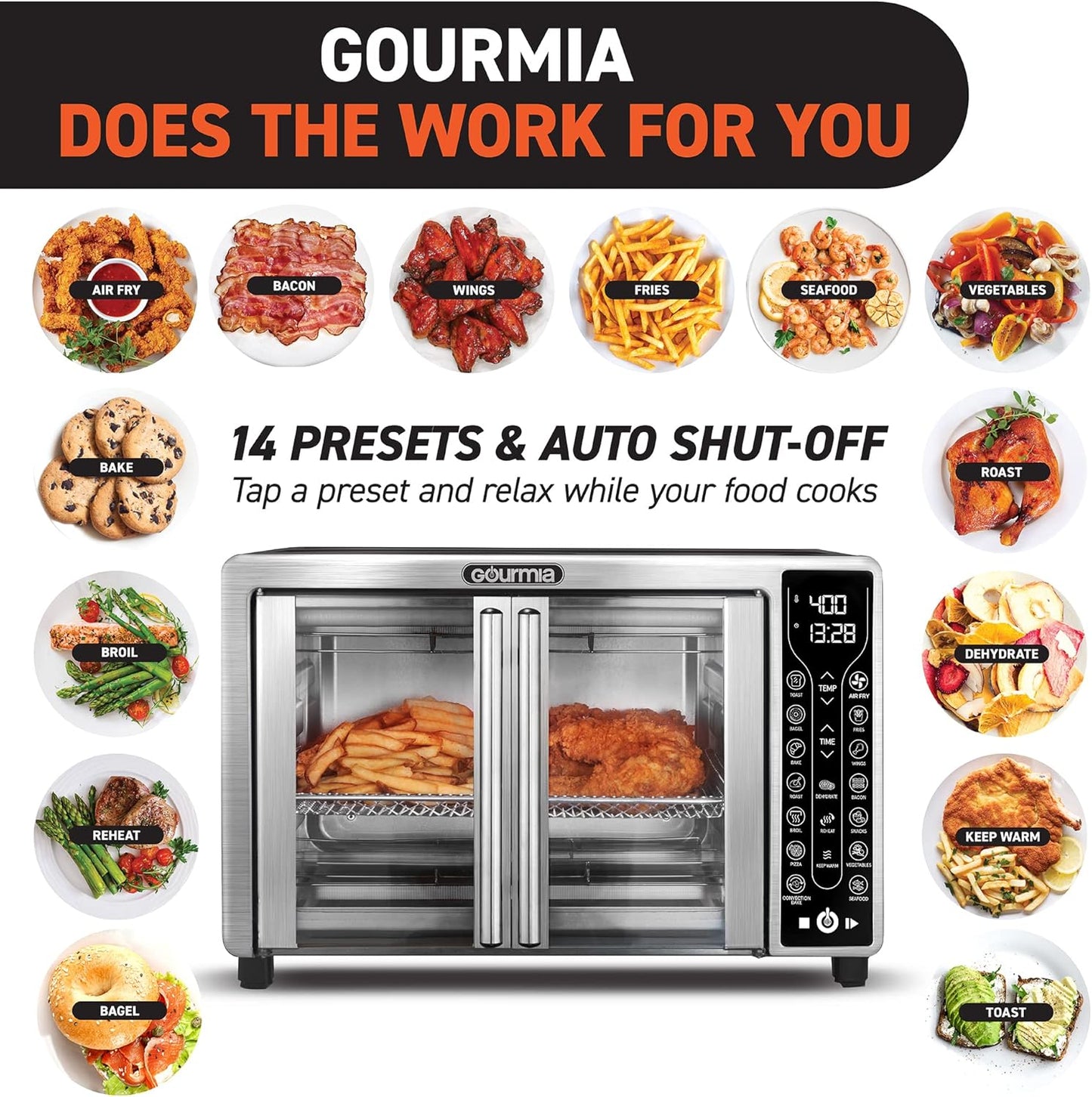 Gourmia Toaster Oven Air Fryer Combo 17 cooking presets 1700W french door digital air fryer oven 24L capacity accessories, convection rack, baking pan tray recipe book GTF7655,Large,Stainless Steel
