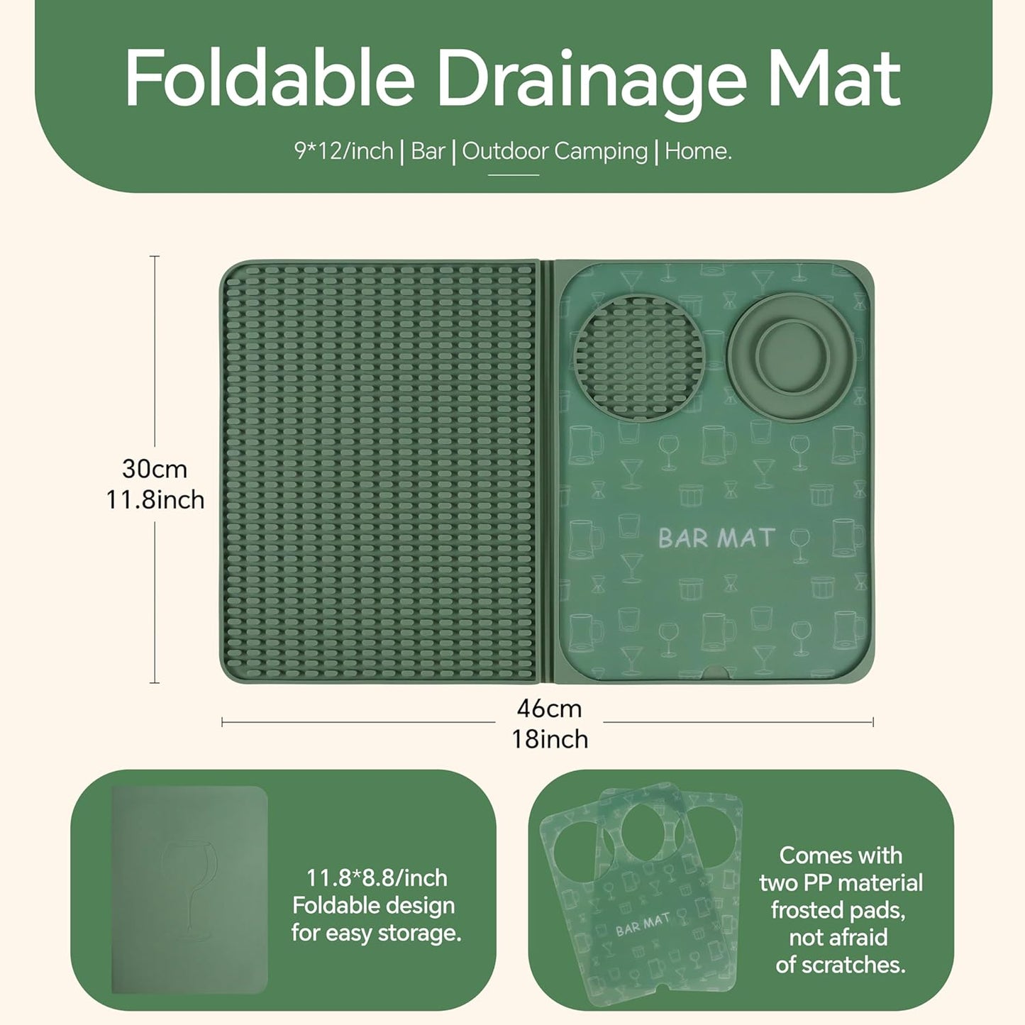 Bar Mat, Bar Accessories, Multifunctional Folding Cocktail Mat with Cutting Board, 18" X 12"(Green) Drying Mats,Bar Mat for Countertops,Bar Decorations for Home, Outdoor Bar Accessories,Travel