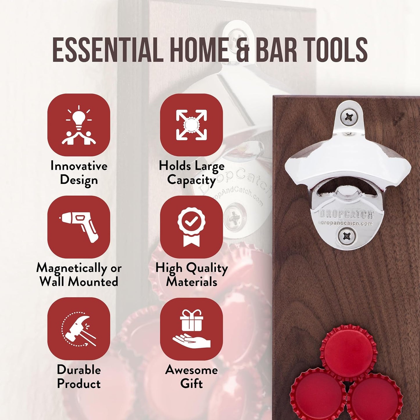 Dropcatch Magnetic Bottle Opener | Beer Cap Catcher | Wall Mount Beer Opener with Auto Catch Function | Install magnetically or Wall Mounted | Walnut Finish | Porter - Holds Up to 70 Caps