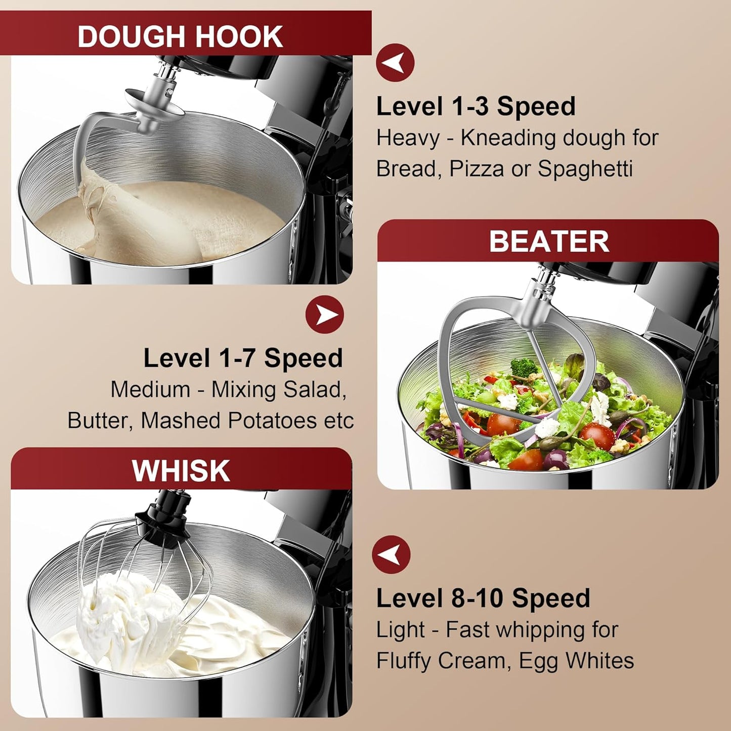 Stand Mixer, 10-Speed Kitchen Electric Mixer, 6QT Food Mixer with 8-in-1 Splash Guard, Dishwasher-Safe Dough Hook/Whisk/Beater/Spatula, Dough Mixers for Baking, Black