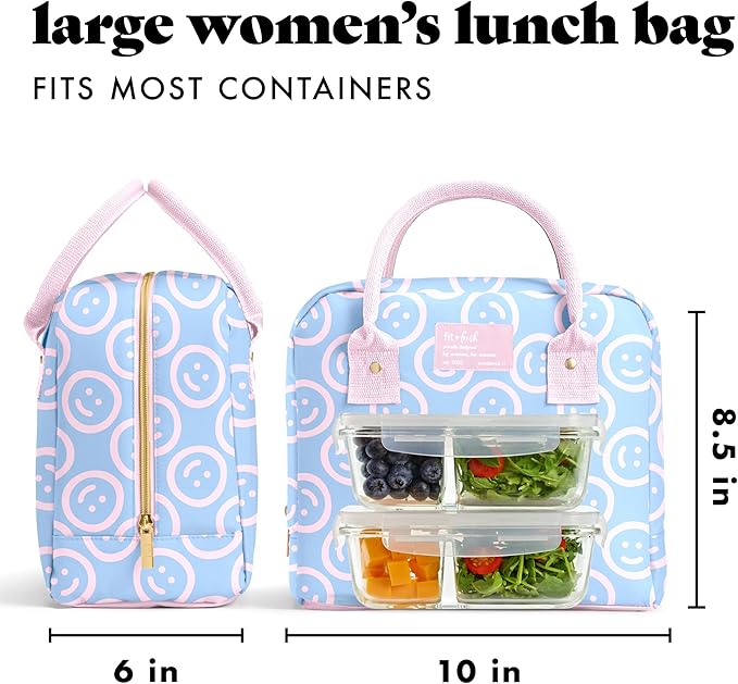 Fit & Fresh Bloomington Lunch Bag for Women - Insulated Large Lunch Box for Work with Containers, Leak-Resistant, Stain-Resistant, Zipper Closure, All Smiles Bubble Gum