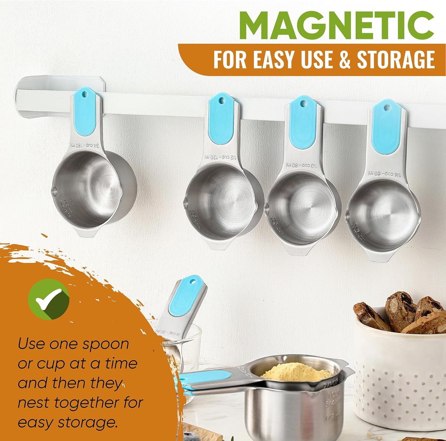 Spring Chef Magnetic Measuring Cups & Spoons Set, Patented, Strong Magnets, Heavy Duty Stainless Steel Fits in Spice Jars for Baking & Cooking, BPA Free, Round Set of 15 with Leveler, Aqua Sky
