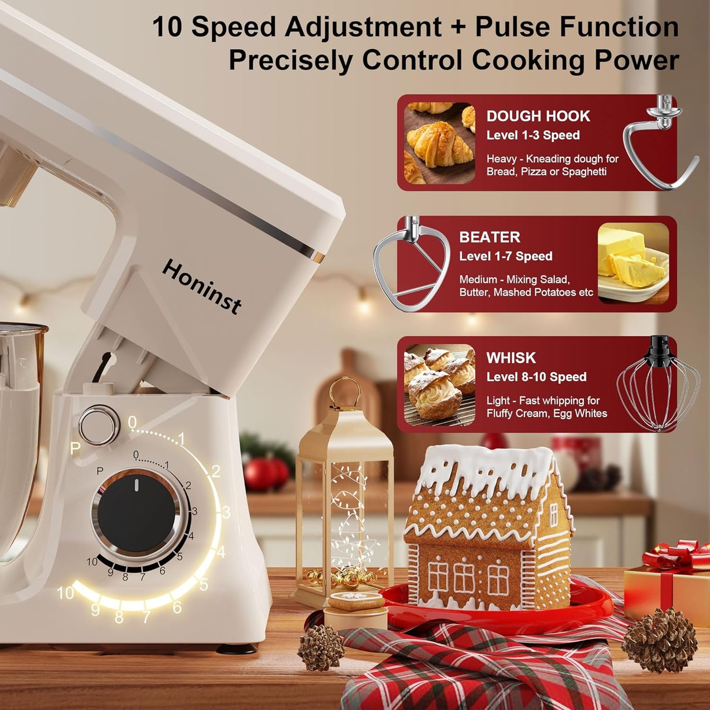 Stand Mixer, 10-Speed Kitchen Electric Mixer, 6QT Food Mixer with 8-in-1 Splash Guard, Dishwasher-Safe Dough Hook/Whisk/Beater/Spatula, Dough Mixers for Baking, Beige