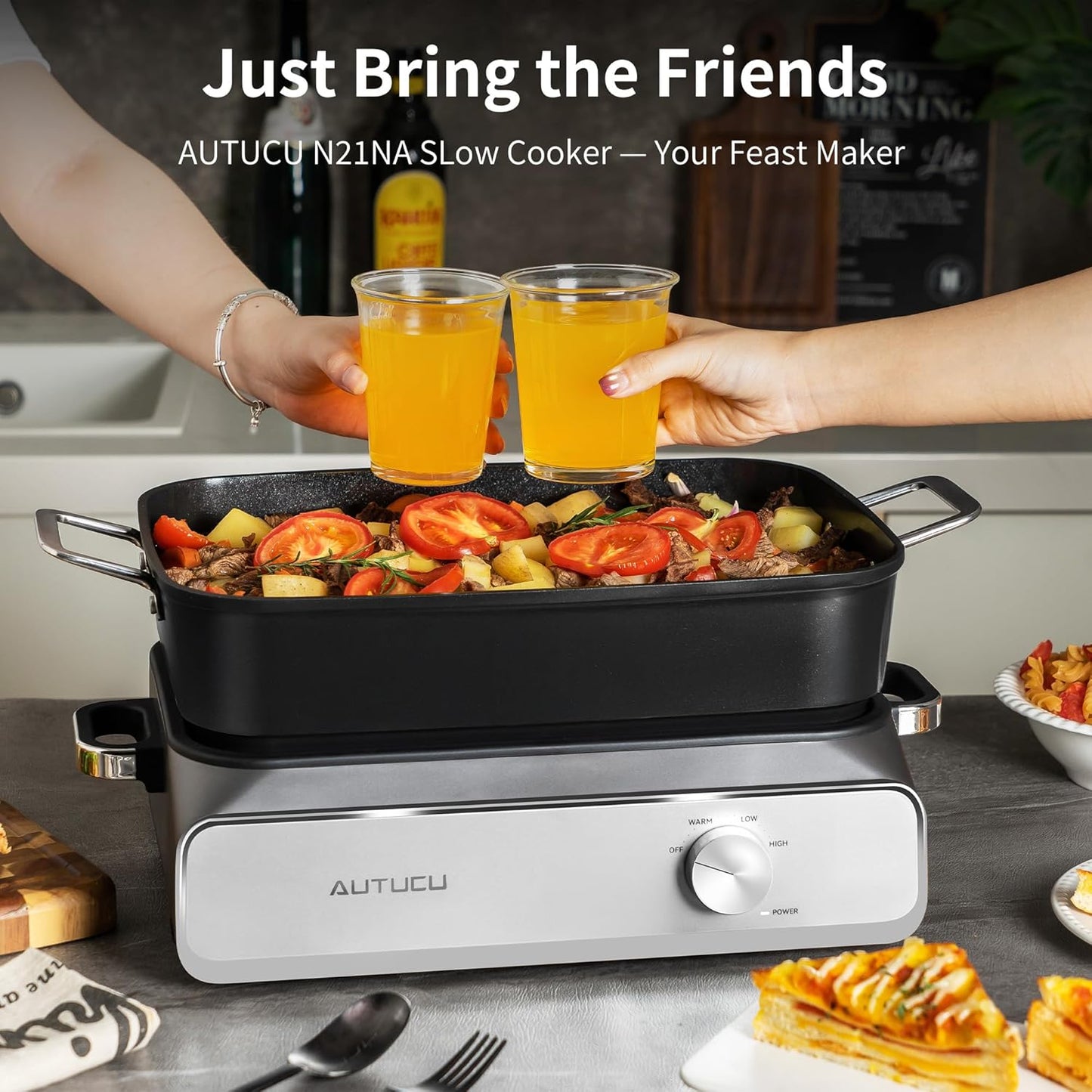 Slow Cooker 10-Quart - PFOA-Free Ceramic Coating, Oven Safe to 450°F | Keep Warm Function for Large Family Gatherings (Includes Silicone Spoon)