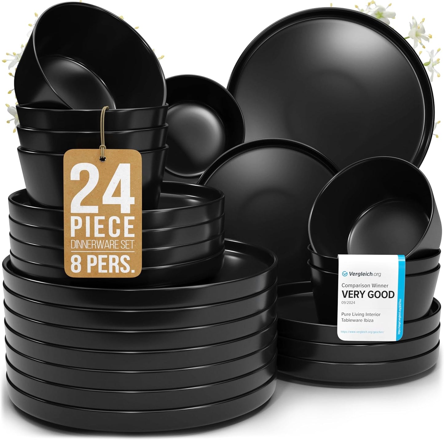 Stoneware dinnerware set 8 persons 24 pcs – Ultra chic matte black plates and bowls set – Dishwasher and microwave safe – Bowl and plate set – Dinner service Pure Living