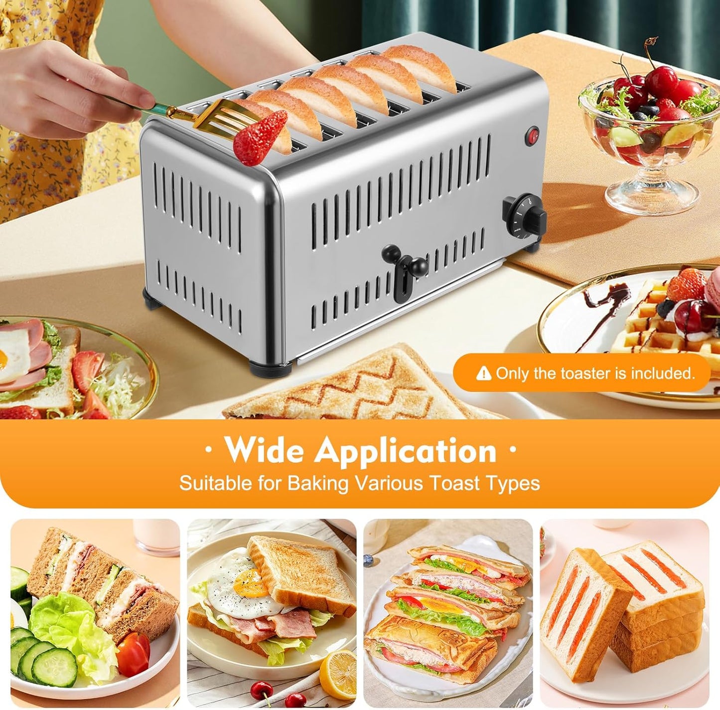 1680W Commercial Toaster, Commercial 6 Slices Stainless Steel Toaster 2 Modes Electric Machine with 1-5 Minutes Timier & Pull-Out Crumb Tray for Home, Bakery 16.1 x 8.7 x 8.5 Inch