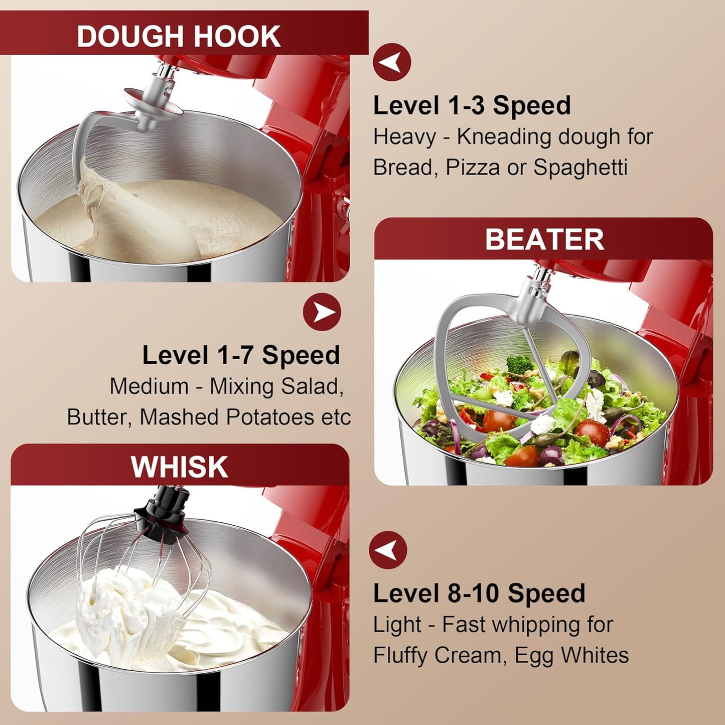 Stand Mixer, 10-Speed Kitchen Electric Mixer, 6QT Food Mixer with 8-in-1 Splash Guard, Dishwasher-Safe Dough Hook/Whisk/Beater/Spatula, Dough Mixers for Baking, Red