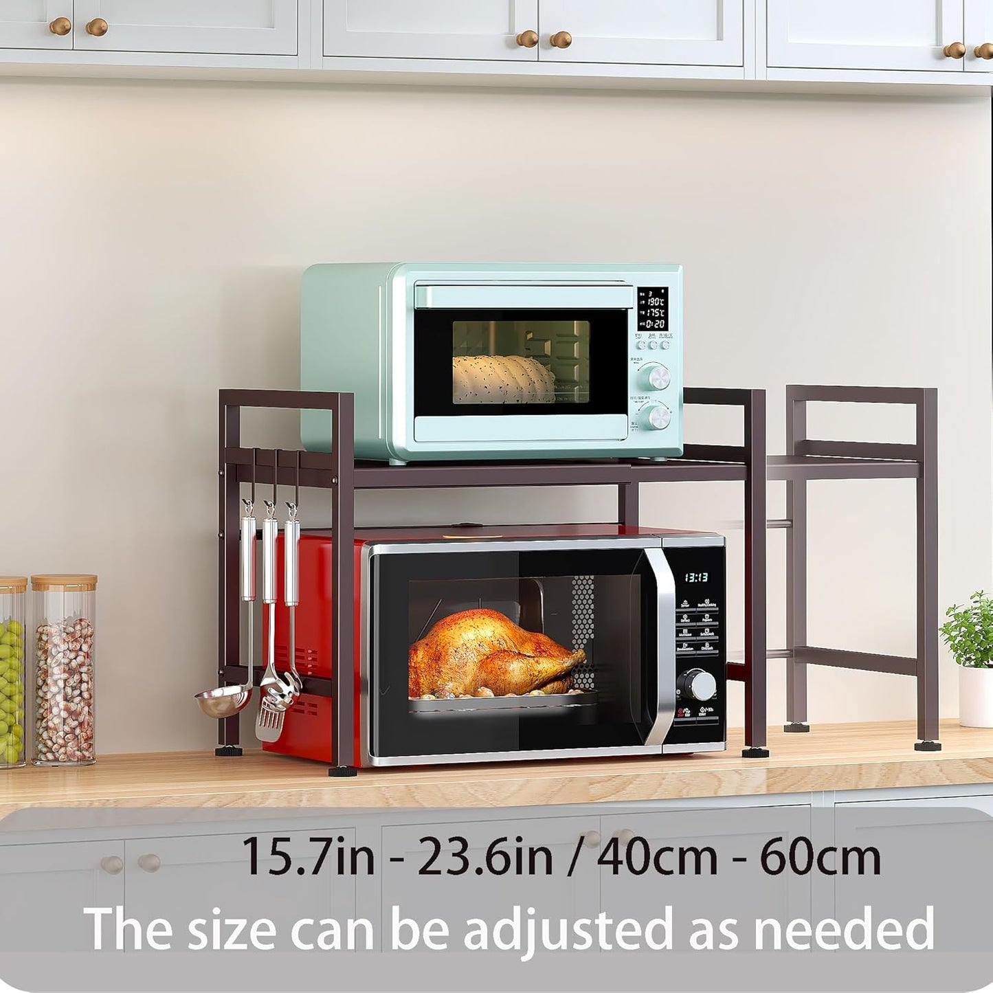 PUSDON Extendable Microwave Oven Rack, Adjustable Microwave/Toaster Shelf Heavy Duty Stand Kitchen Counter Top Organizer, 2 Tier with 3 Hooks, 160lbs Weight Capacity, Bronze