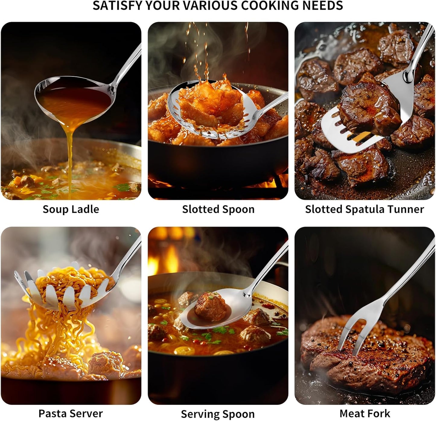 304 Stainless Steel Kitchen Utensils Set, 6 Pcs Long Metal Cooking Utensil with Spatula, Solid Spoon, Ladle, Skimmer, Spaghetti Spoon, Meat Fork, Dishwasher Safe