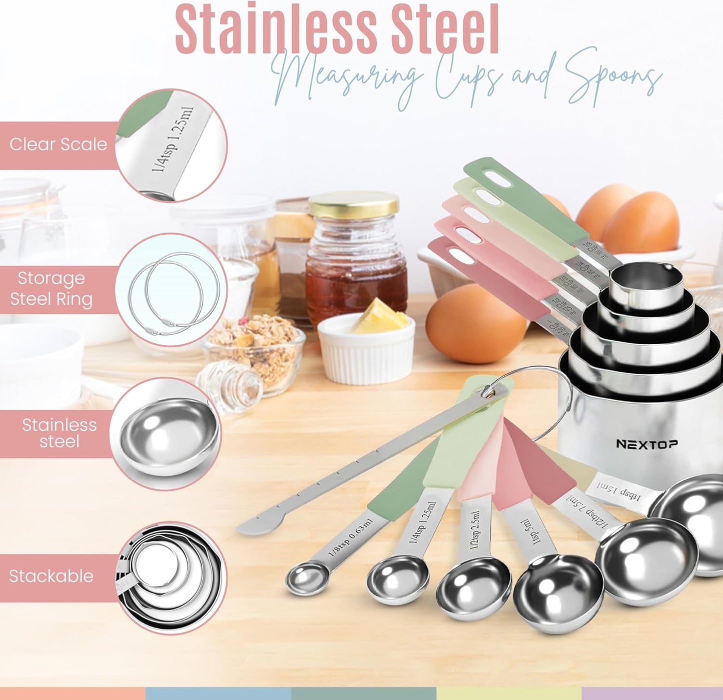 Nextop 14-Piece Stainless Steel Measuring Cups and Measuring Spoons Set with All Stackable Sizes and Leveler for Dry Ingredients, Complete Set for Kitchen & Baking Measuring Tools (Peach Set)