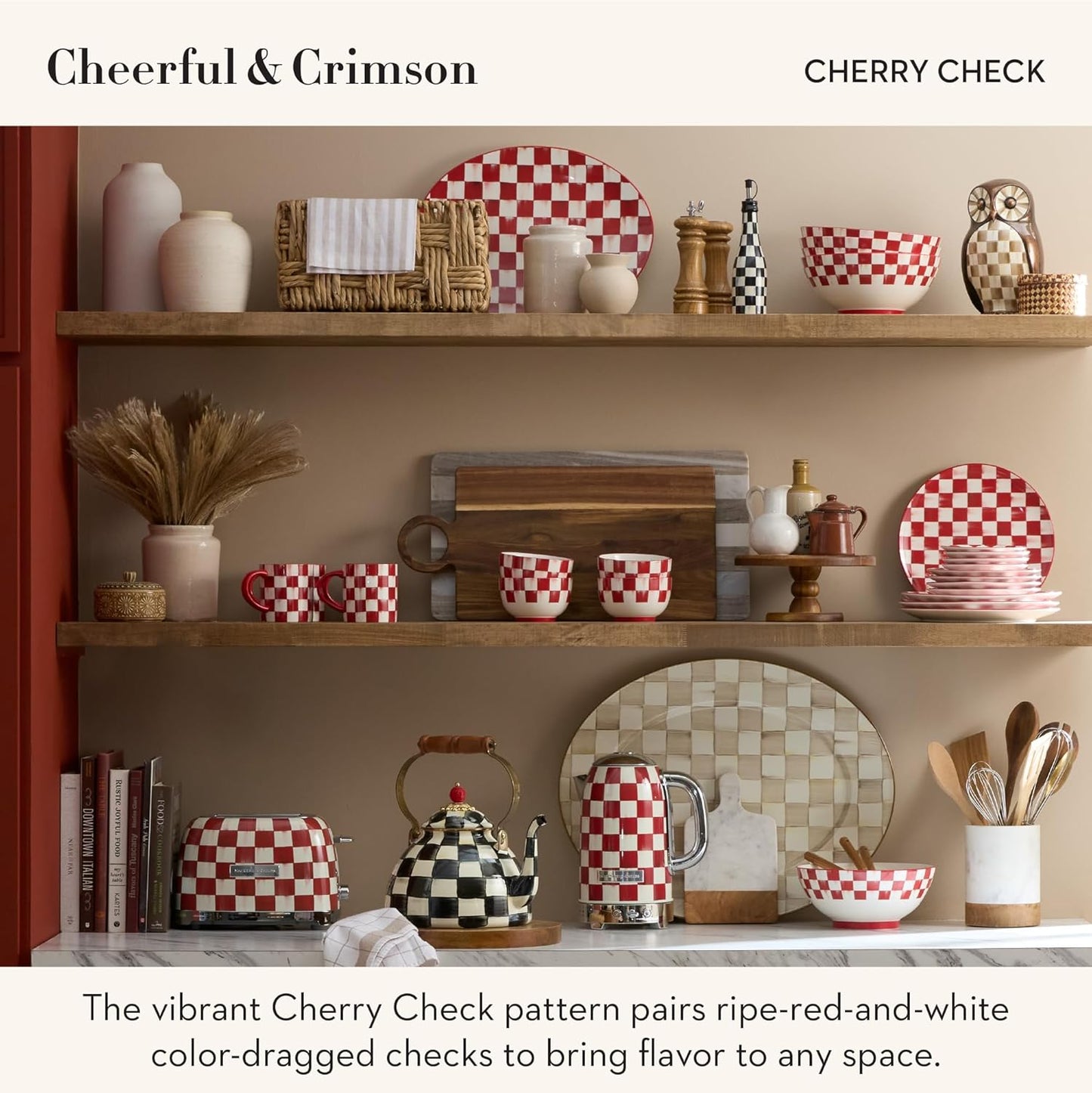 MACKENZIE-CHILDS 2-Slice Toaster, Decorative Toaster for Kitchen, Red-and-White Cherry Check