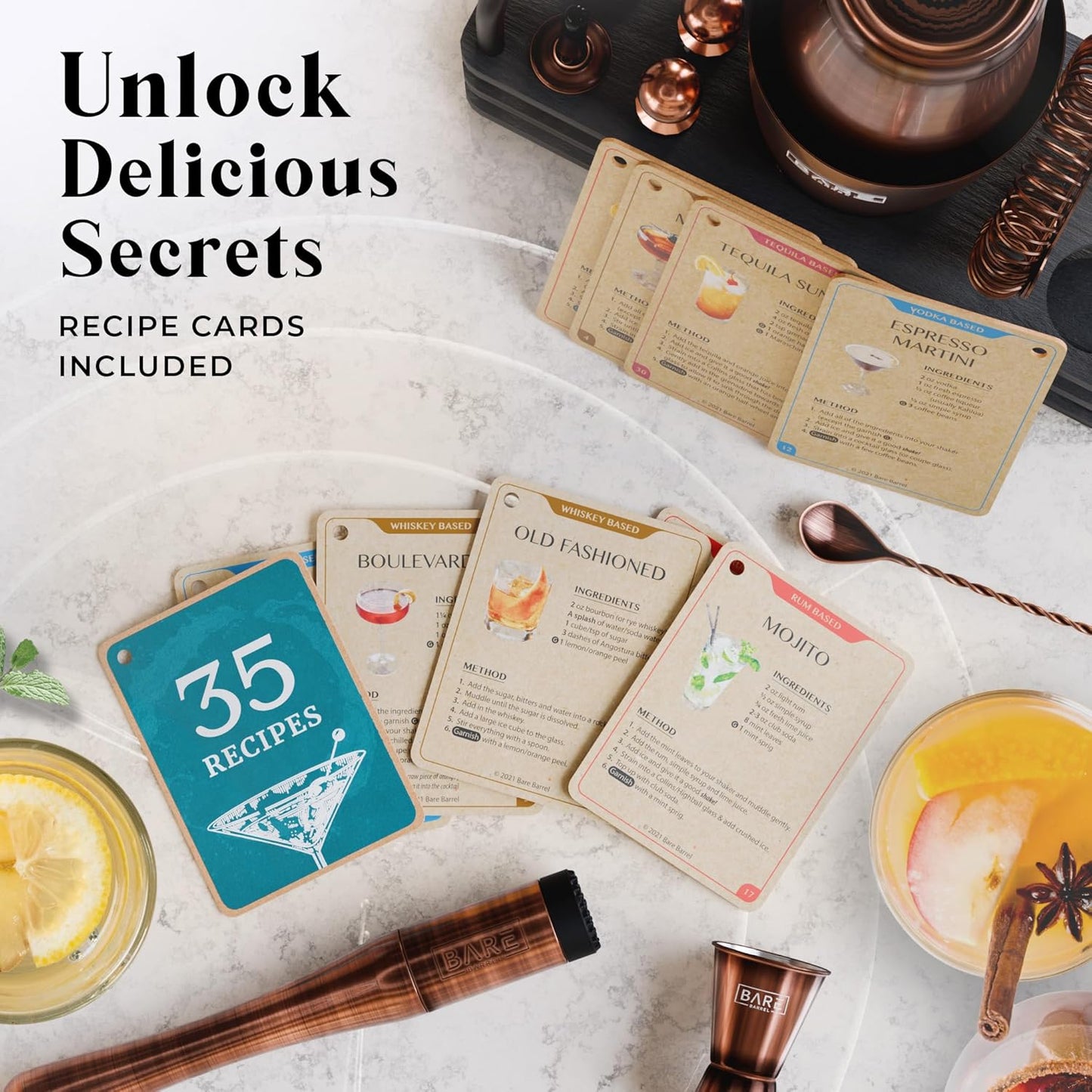 BARE BARREL® Mixology Bartender Kit Bar Set | 14-Piece Cocktail Shaker Set | Martini Barware Mixing Tools for Home Bartending | 35 Recipe Cards | Gift Set (28oz Boston Shaker, Copper/Black)