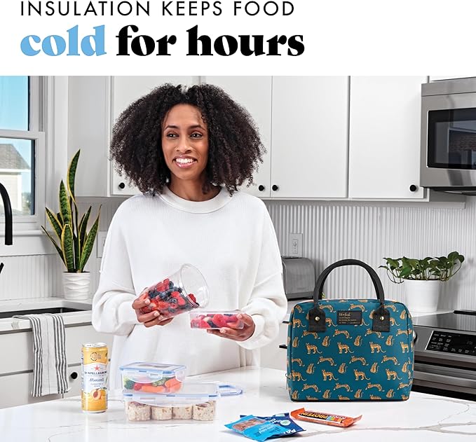 Fit & Fresh Bloomington Lunch Bag for Women - Insulated Large Lunch Box for Work with Containers, Leak-Resistant, Stain-Resistant, Zipper Closure, Teal Cheetah