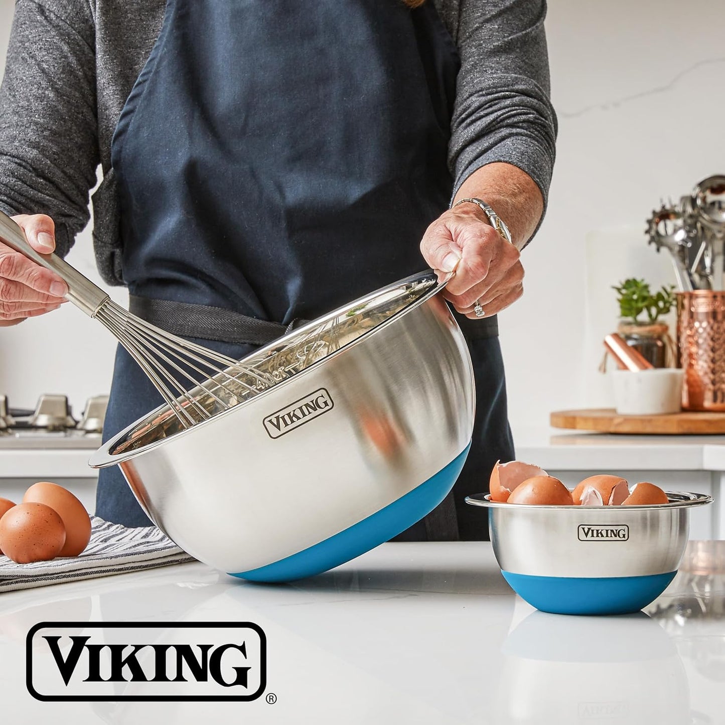 VIKING Mixing Bowls Set, 10 Piece Stainless Steel Kitchen Cookware, Non-Slip Silicone Base, Includes Tight Fit Lids, Dishwasher Safe, Blue
