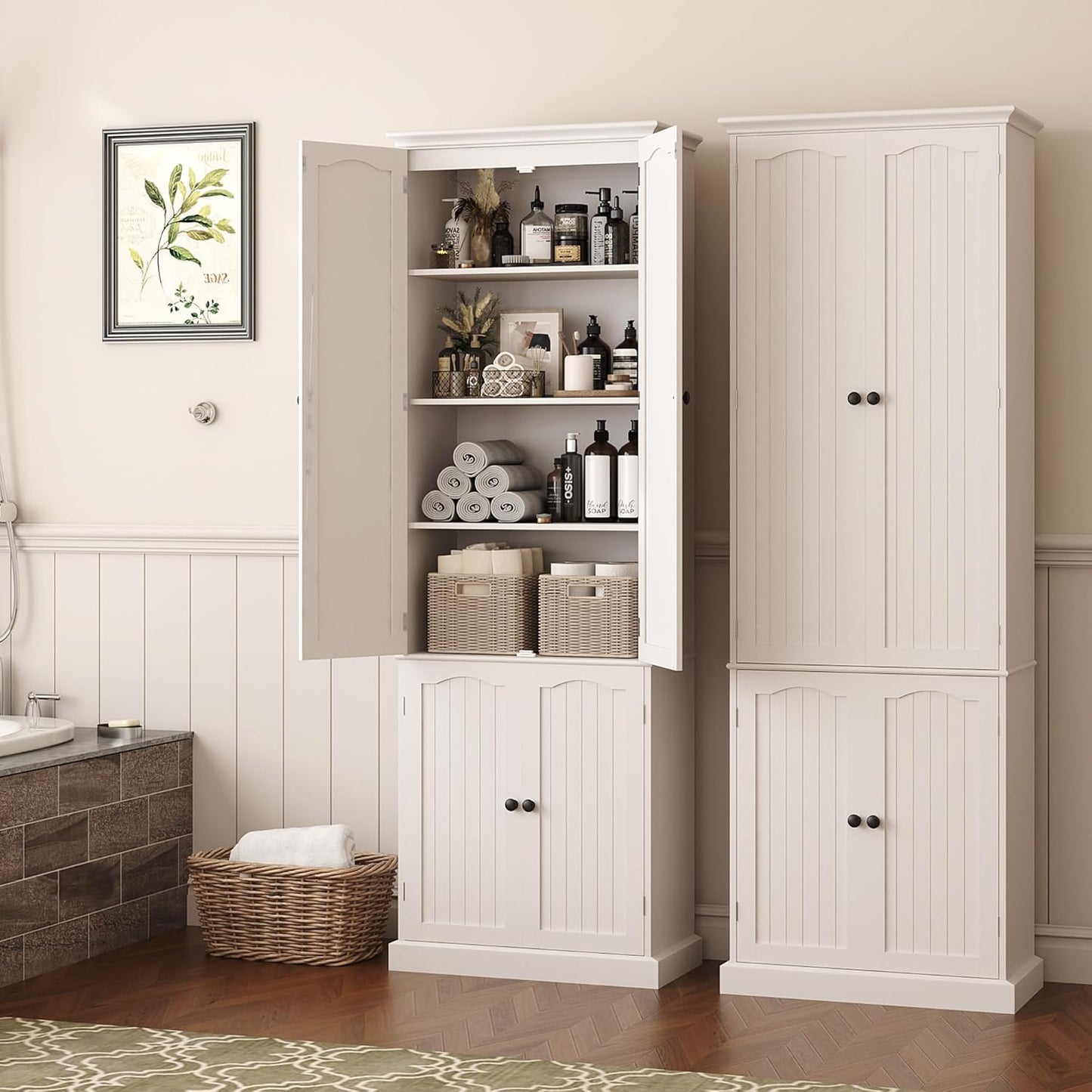 Function Home 72" Kitchen Pantry Cabinet, Tall Wood Storage Cabinet with Doors and Adjustable Shelves, 6-Tier Freestanding Cupboard for Kitchen Dining Room Living Room Bathroom, White