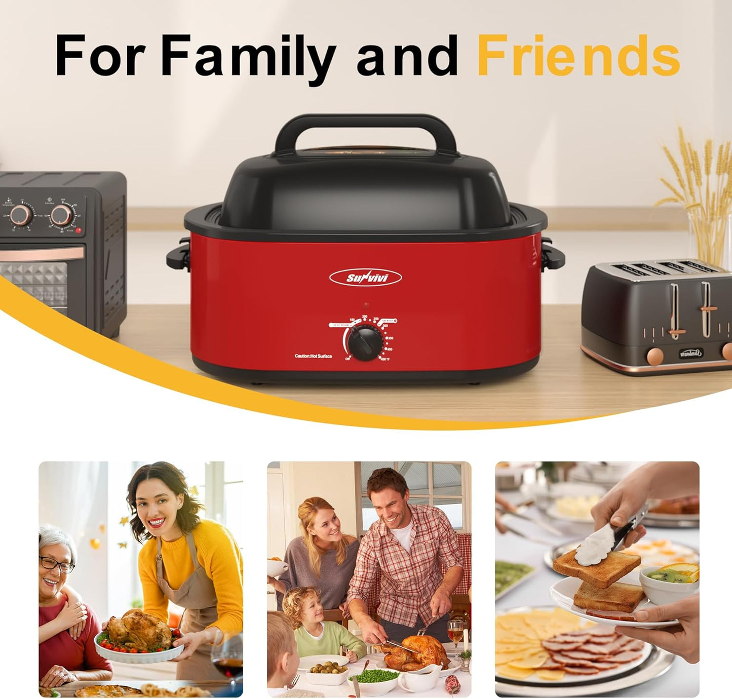 Sunvivi 30lb 26-Quart Roaster Oven, Electric Roaster Oven with Viewing Lid, Turkey Roaster with Unique Defrost/Warm Function, Large Roaster with Removable Pan & Rack, Stainless Steel, Red