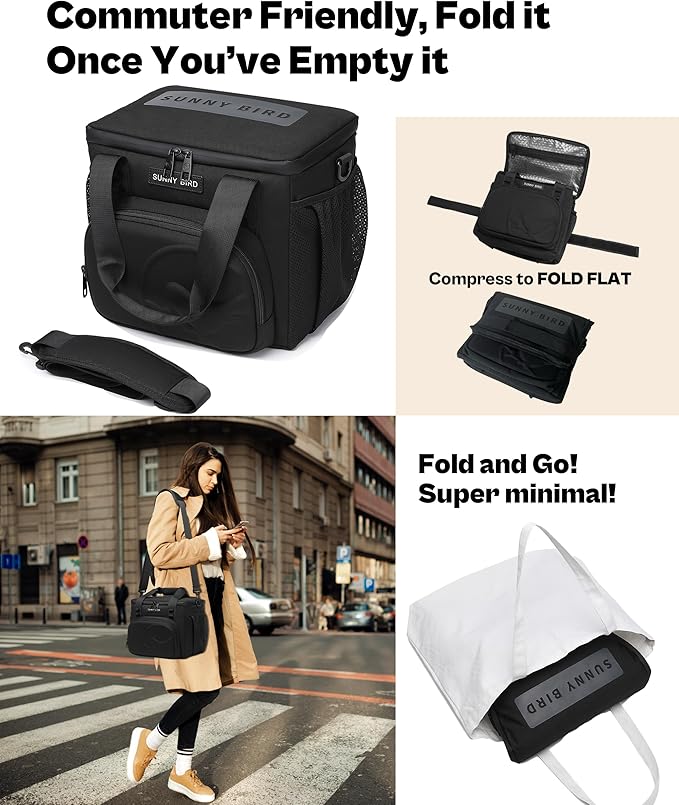 SUNNY BIRD 12L Large Insulated Lunch Bag, Leakproof and Foldable Lunch Cooler Box for Women Adult and Men, Fits 18 Cans (Black 01)