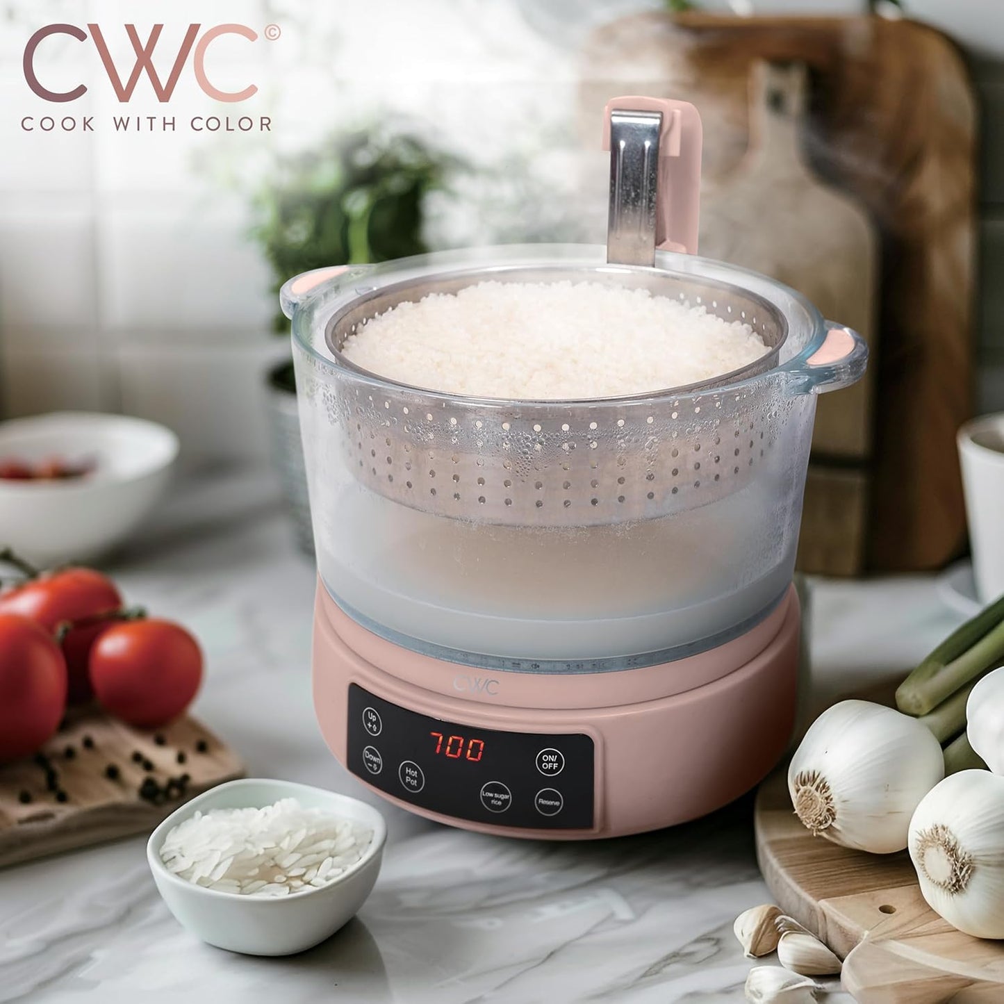 COOK WITH COLOR 3L Glass Low Carb Rice Cooker - Makes 6 Cups Cooked Low Sugar Rice with Auto Lift Filter Basket, Hotpot & Steamer for Rice, Grains and Oats, Digital Panel with Keep Warm, Blush