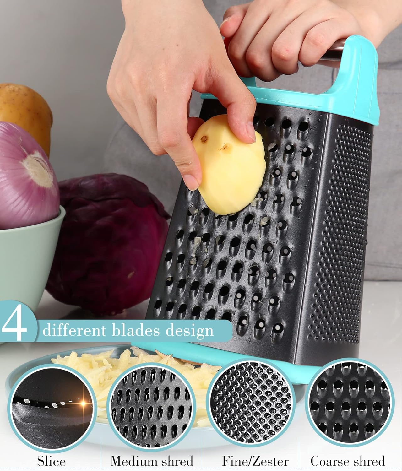 Ourokhome Cheese Grater with Handle, Stainless Steel Box Grater, 4 Side Kitchen Vegetable Shredder Slicer Zester with Container for Parmesan, Cabbage, Ginger, Lemon, Chocolate, Coconut (Teal black)