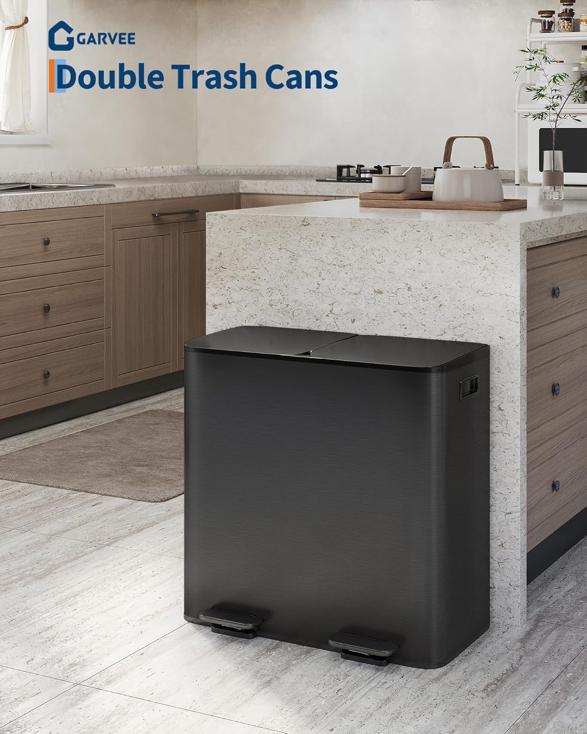 GarveeHome 2 x 10.6 gal (2 x 40 L) Double Kitchen Trash Can, Stainless Steel Large Trash Can w/Soft-Close Lid & Recycle Bin Combo, Step-on Metal Garbage Cans, PP Inner Buckets, Liner Rim, Black