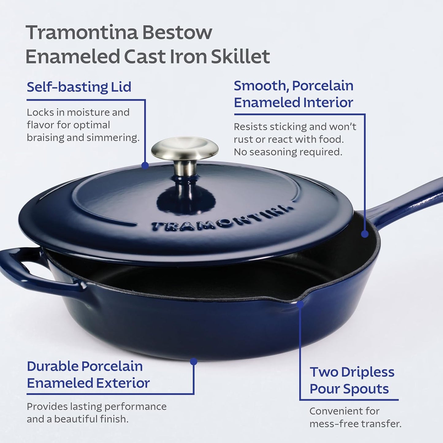 Tramontina Bestow Enameled Cast Iron Skillet with Lid, 10-inch Frying Pan, Blue