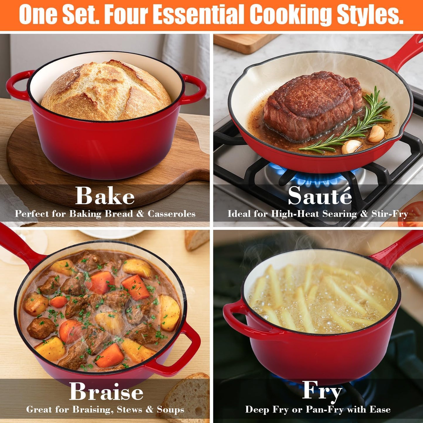 QuliMetal Nonstick Enameled Cast Iron Cookware Set, 5 Pcs Pots and Pans with Lid, Skillet, Frying Pan, Saucepan & Dutch Oven for All Stovetops, PFA Free - Ideal for Sourdough Bread Baking