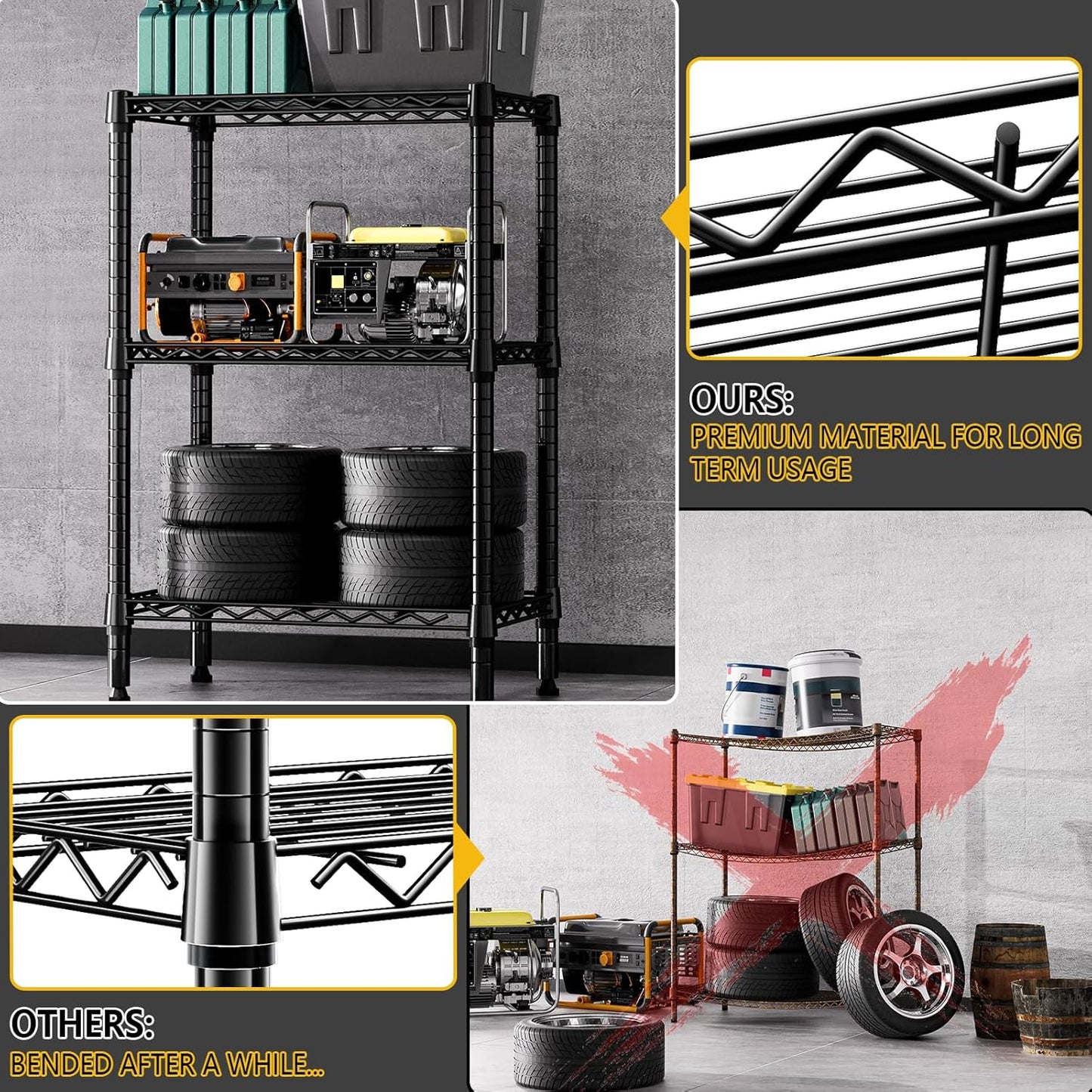 750 lbs 3 Tier Shelf Metal Storage Shelves Shelving Wire Rack Heavy Duty Closet Organizers for Garage Kitchen Bathroom Laundry Black 13.8" D x 23.6" W x 35.5" H